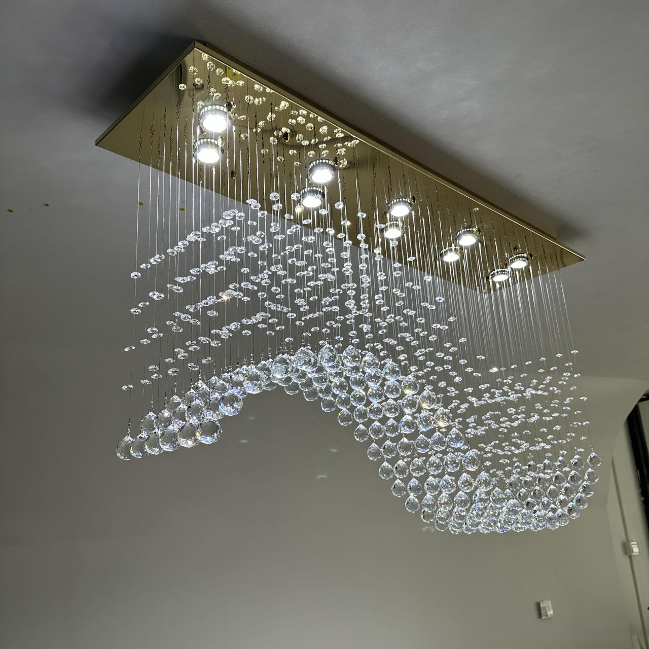 Siljoy Modern Crystal Chandelier, Gold 47'' Rectangular K9 Raindrop Flush Mount Light Fixture for Dining Room & Kitchen, Model HLC04512G