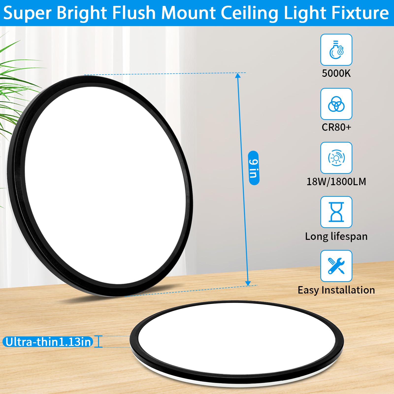 Hovenla 9 Inch Led Flush Mount Ceiling Light, 18W, 3000K/4000K/6500K Selectable, Dimmable Black Closet Light Fixture, 1800Lm Sup