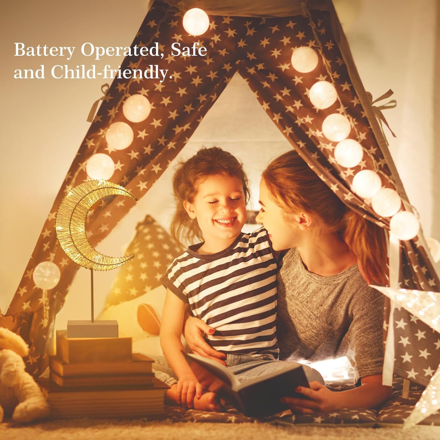 Lewondr Decorative Table Lamp, Moon Shape Ramadan Desk Lamp Battery Powered Light, Winding Thread Warm Led Crescent Light Christ