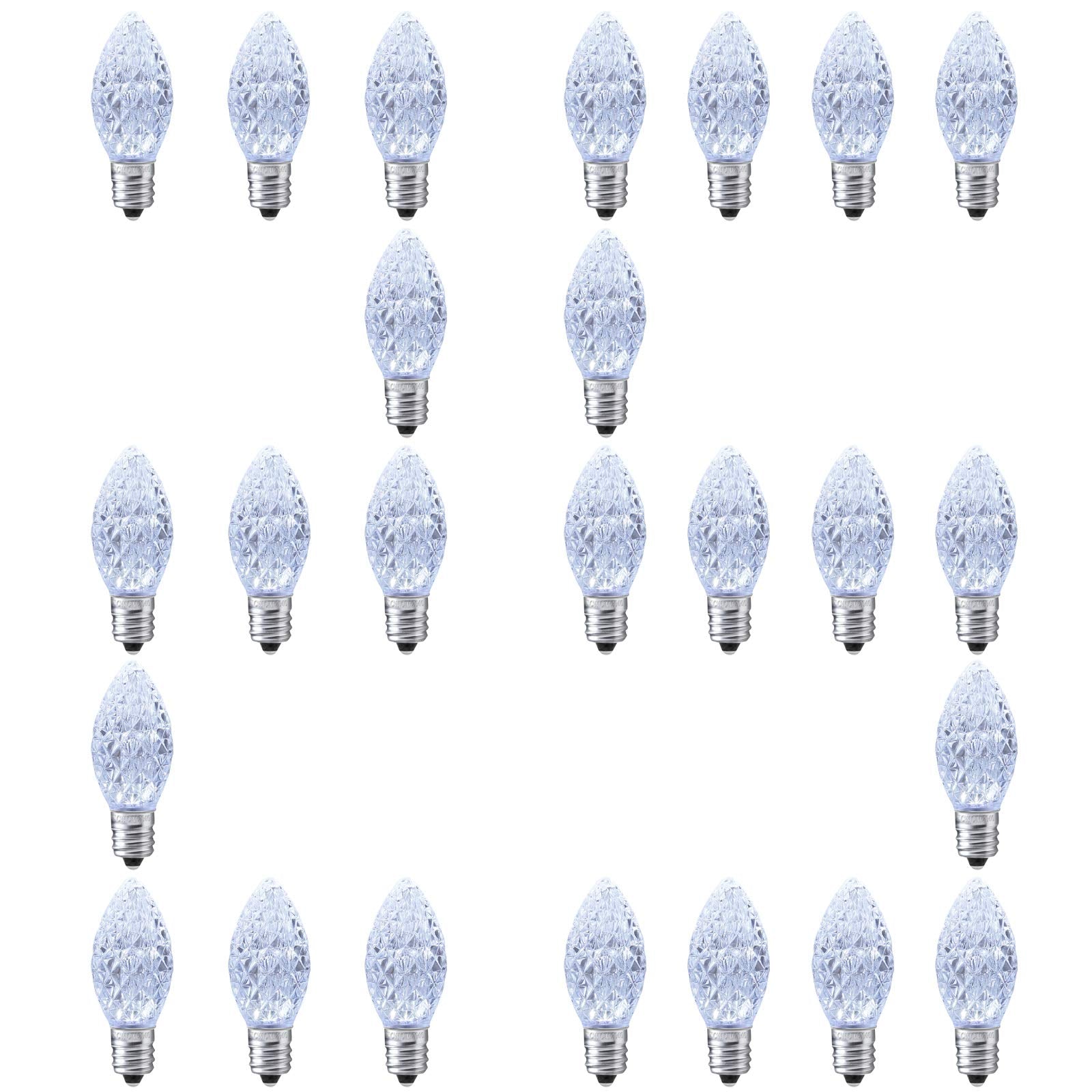 AIDDOMM 25 Pack C7 Cool White LED Replacement Christmas Light Faceted Bulbs  0.72W  2 SMD LEDs in Each Light Bulb  E12 Base  Commercial Grade Replacement Bulbs Dimmable Waterproof