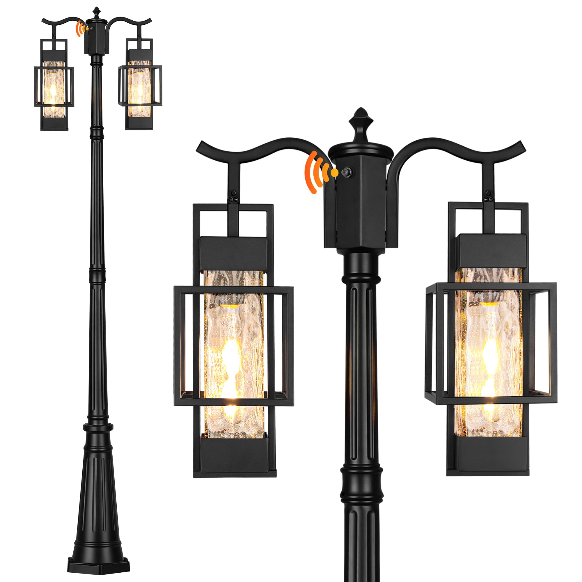 PARTPHONER Outdoor Lamp Post Light, 2-Head Dusk to Dawn Sensor, Metal, Black, Model PAPO083AB1