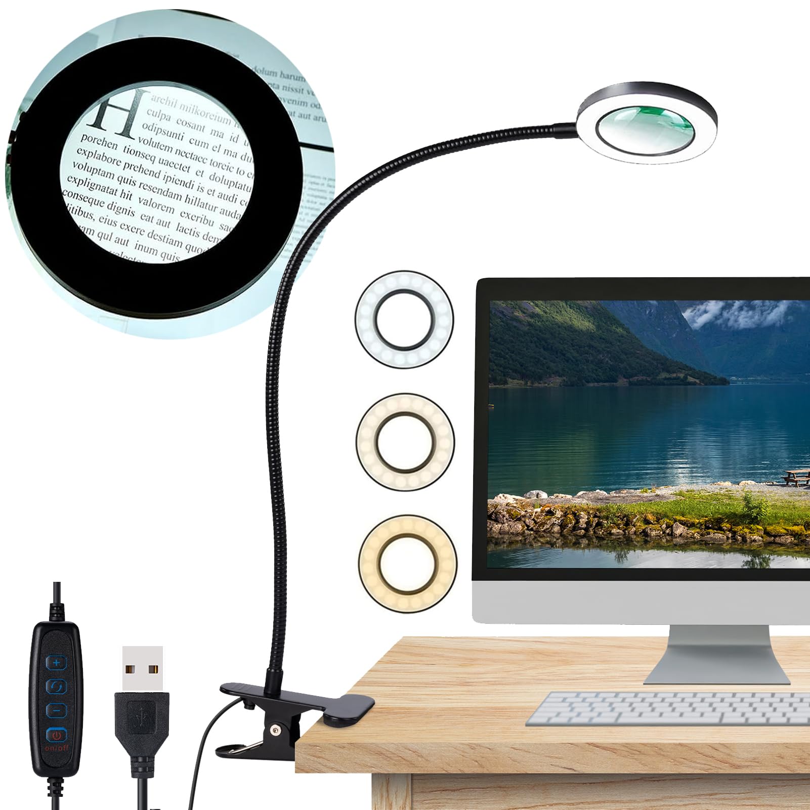 Yeegras Desk Magnifying Glass With Light 10X, Clip On Desk Light With 3 Light Color, 5W Led Desk Lamp With Clamp 10 Adjustable Brightness, Flexible Gooseneck Craft Light Desk Lamps For Home Office