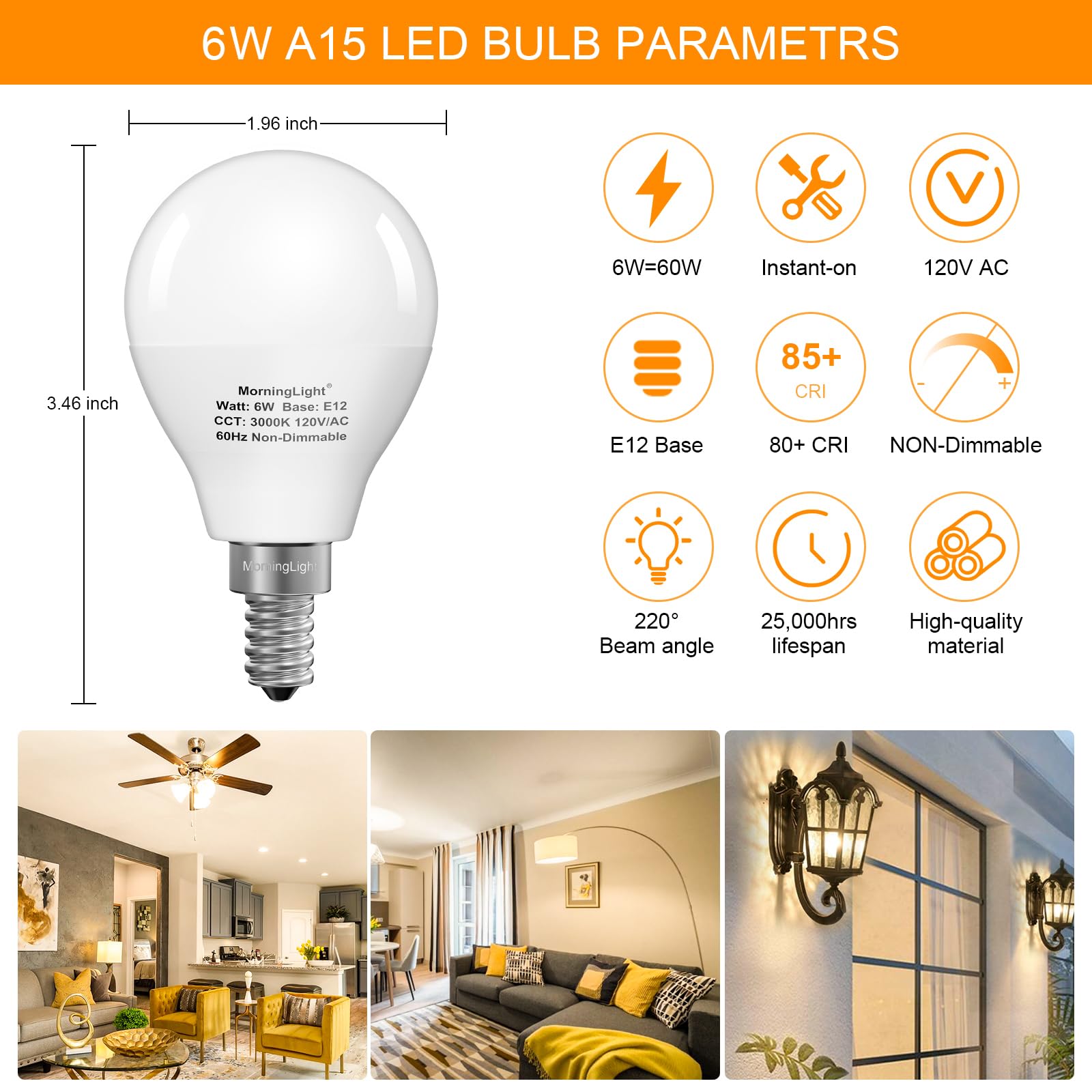 Morninglight A15 Led Bulb 60Watt Equivalent 3000K Soft White  E12 Small Base Candelabra Round Light Bulb  600Lm  Non-Dimmable  A15 Light Bulb For Ceiling Fan  Modern & Rustic Lighting Fixtures  6 Pack
