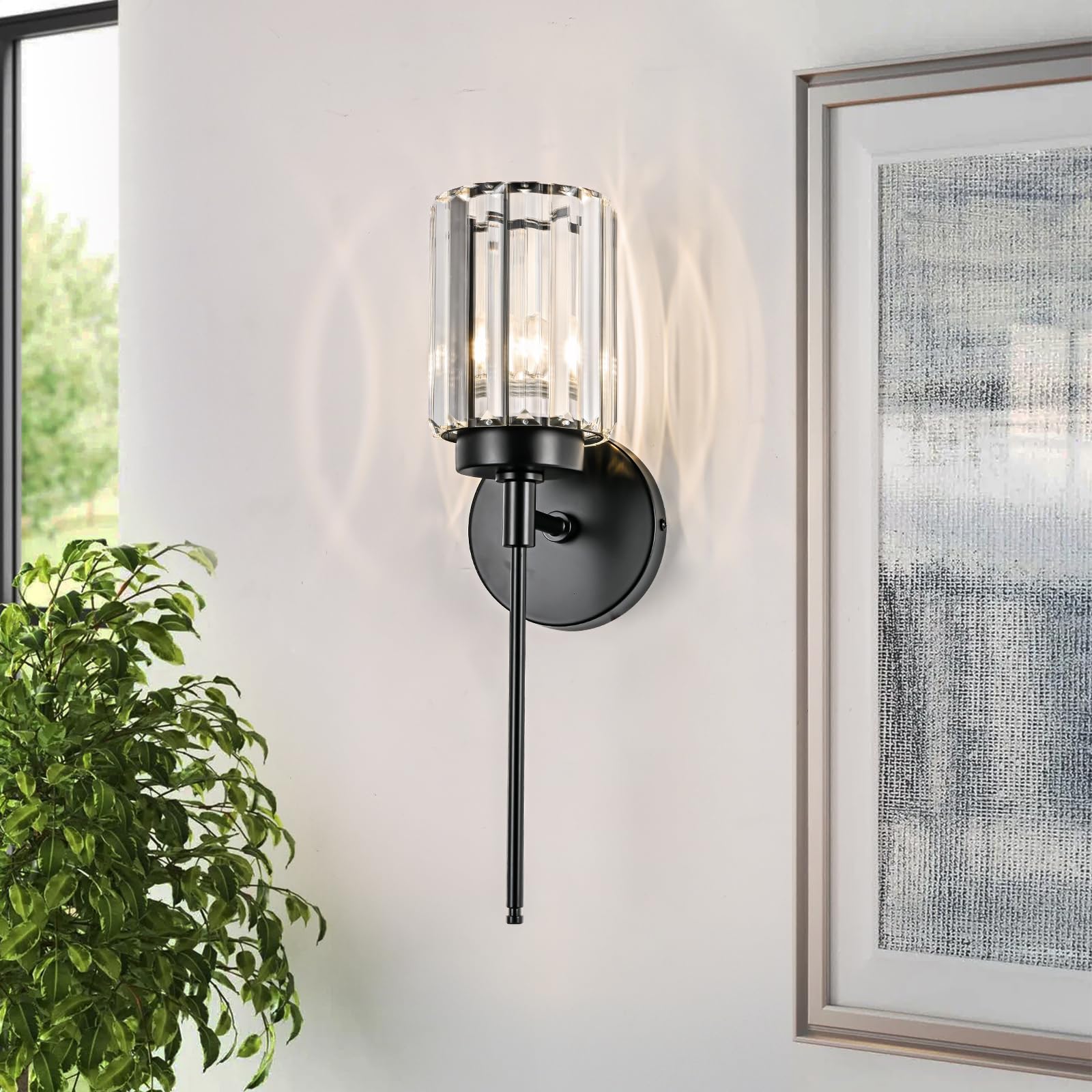 Huoku Single Black Wall Sconce, Modern Crystal Vanity Lighting Fixture With Crystal Shade, 1-Light Wall Lamp For Bathroom Bedroo