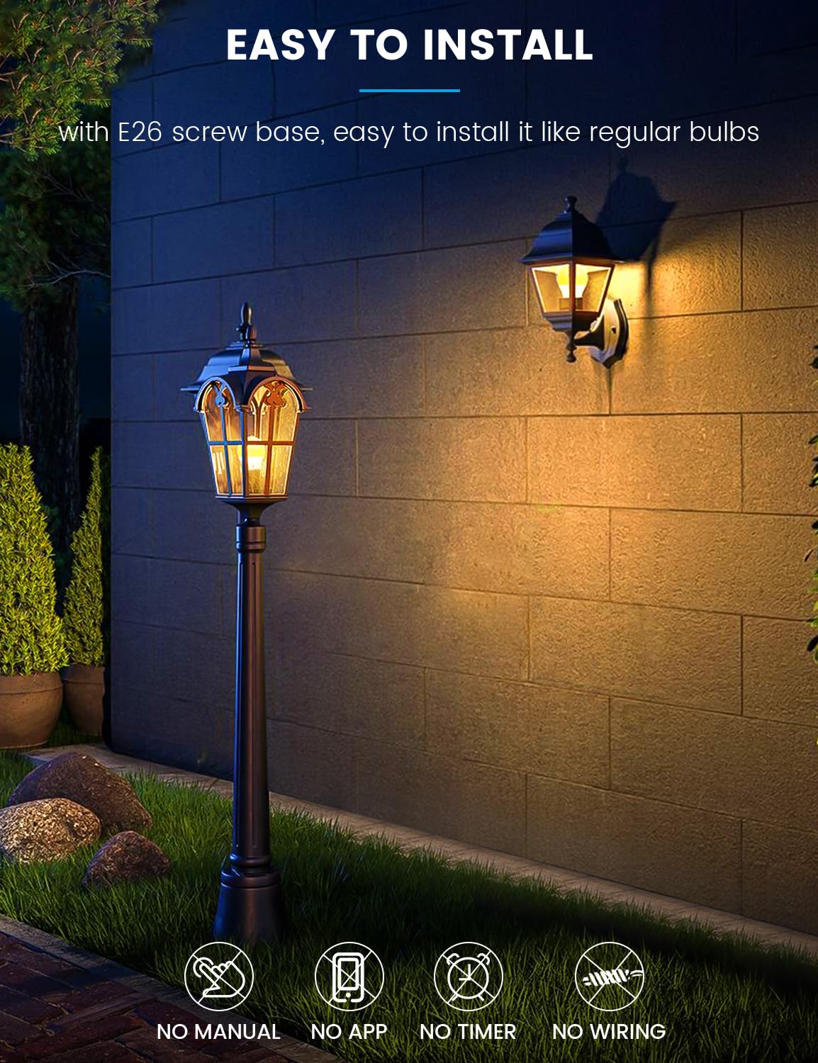 Aovpex Dusk to Dawn LED Light Bulbs, 13W (100W Equivalent), Warm White 3000K, 2 Pack, Built-in Photocell Sensor, Plastic