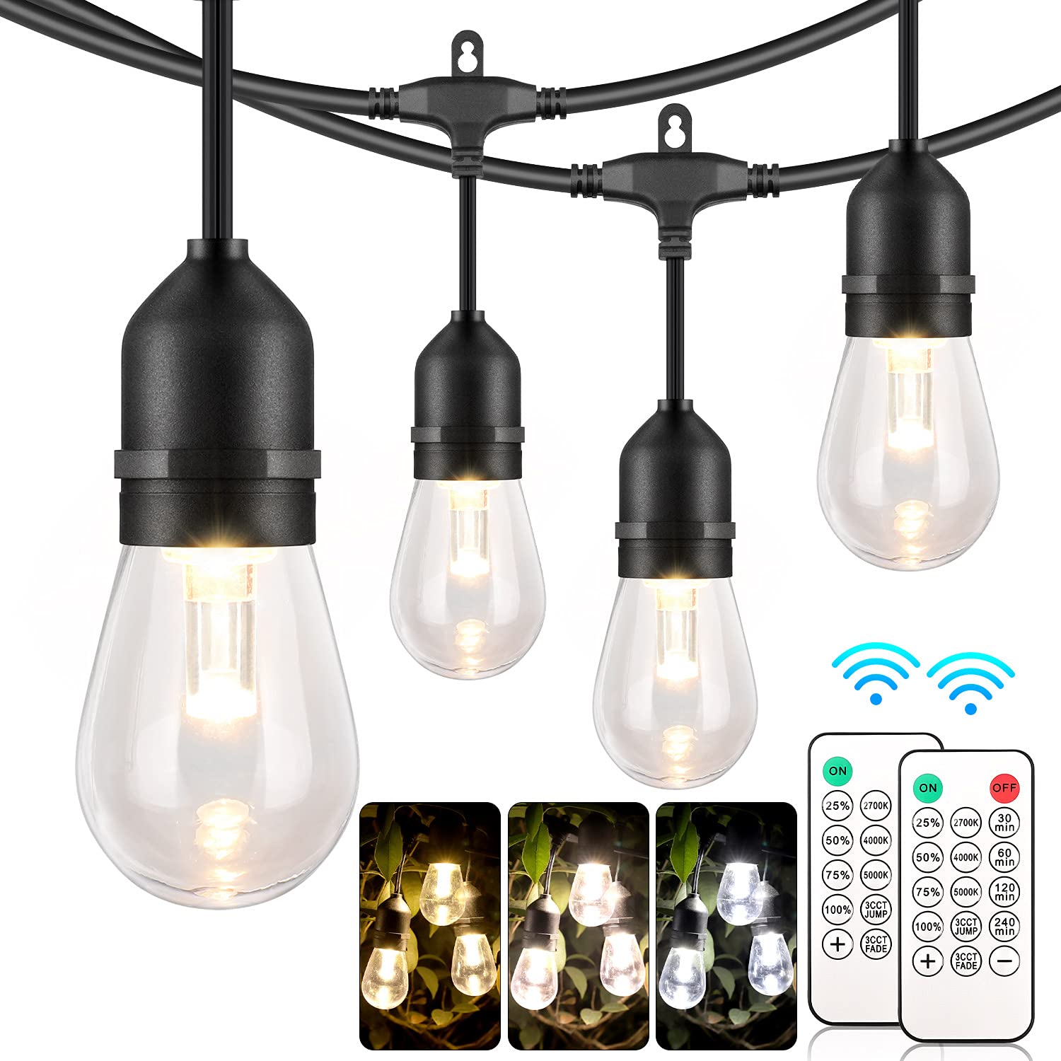 Mlambert 48Ft Outdoor Led String Lights, Dimmable Waterproof Edison Bulbs With Remote, Black