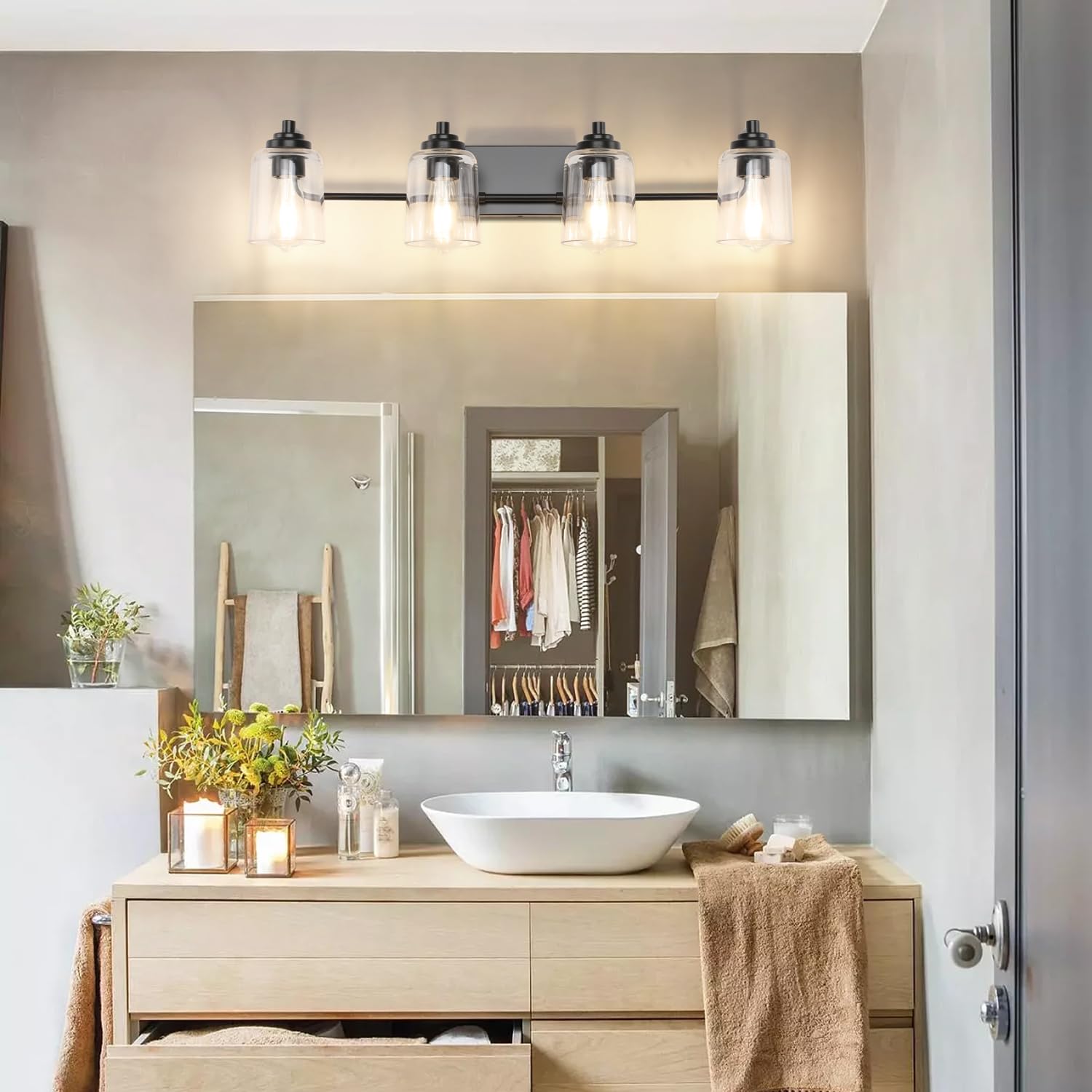 SOLFART 4 Lights Bathroom Vanity Lights - Matt Black, Glass & Metal, Model 7600-4T-BK