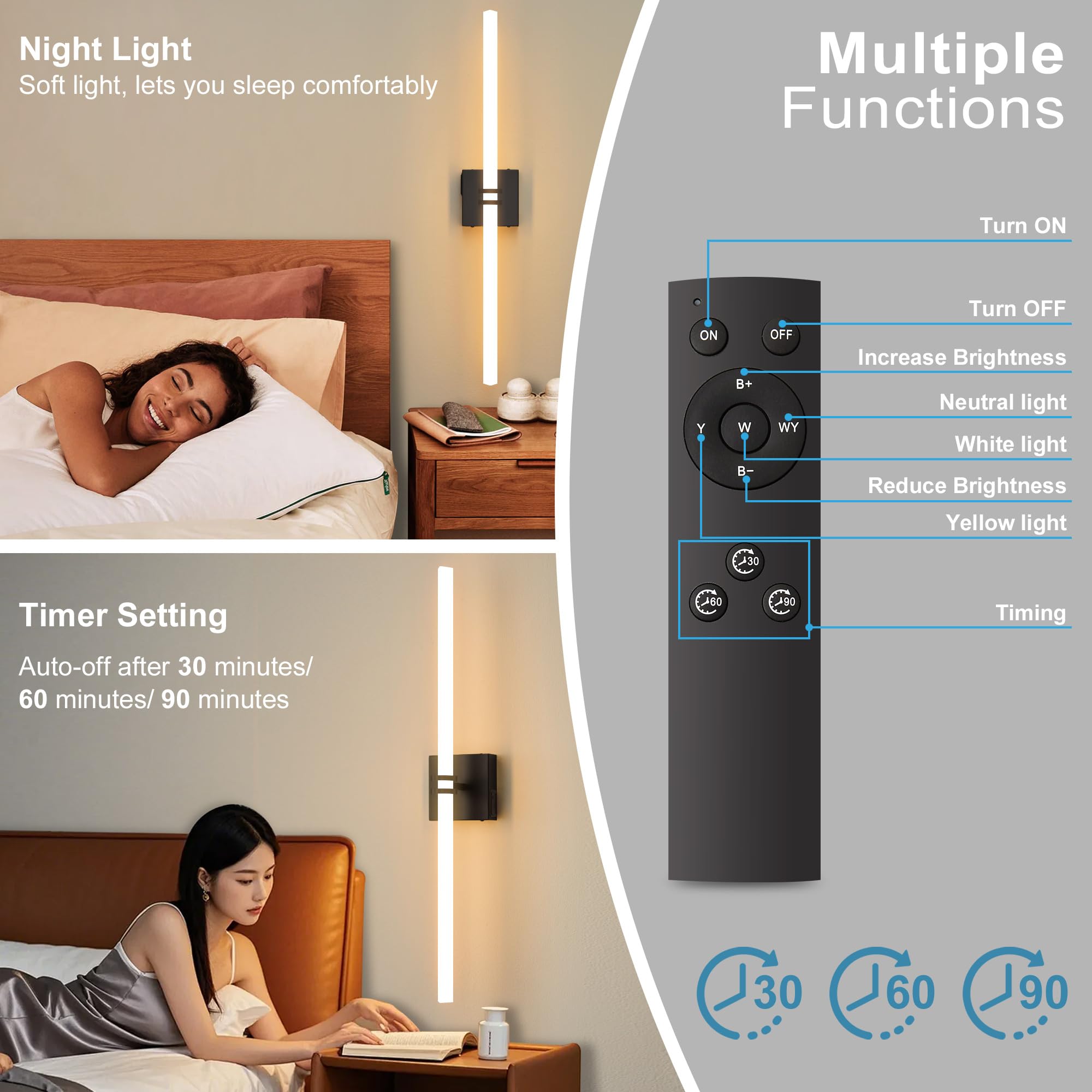 Eicrkodn Battery Operated Wall Sconce - Black LED Wall Light with Dimmable Remote Control, 31.5 Inch, Acrylic, Model 001battery