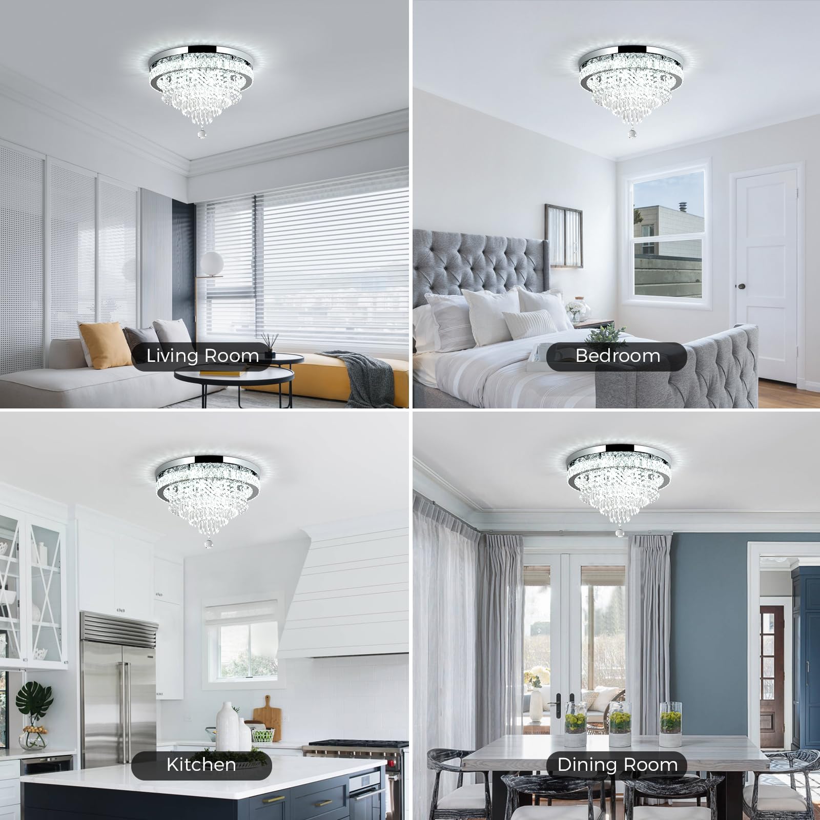 RHEAFON Crystal Chandelier, 19.7 Inch LED Flush Mount, 5 Tier Modern Design, Round, Plished Chrome, Model U-MC010-Bai