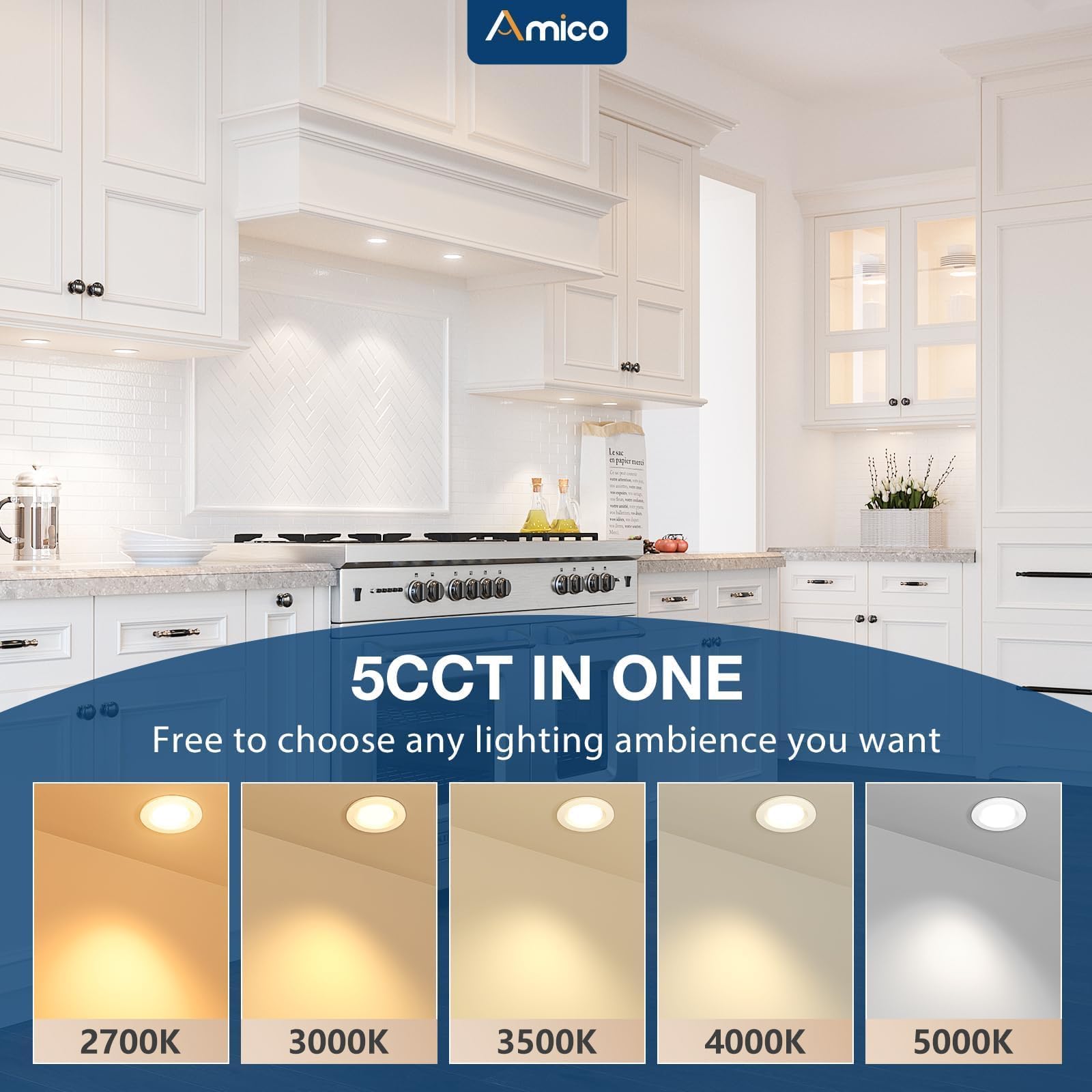 Amico 6 Pack 2 Inch 5Cct Ultra-Thin Led Canless Recessed Ceiling Light With Junction Box, 2700K/3000K/3500K/4000K/5000K Selectab