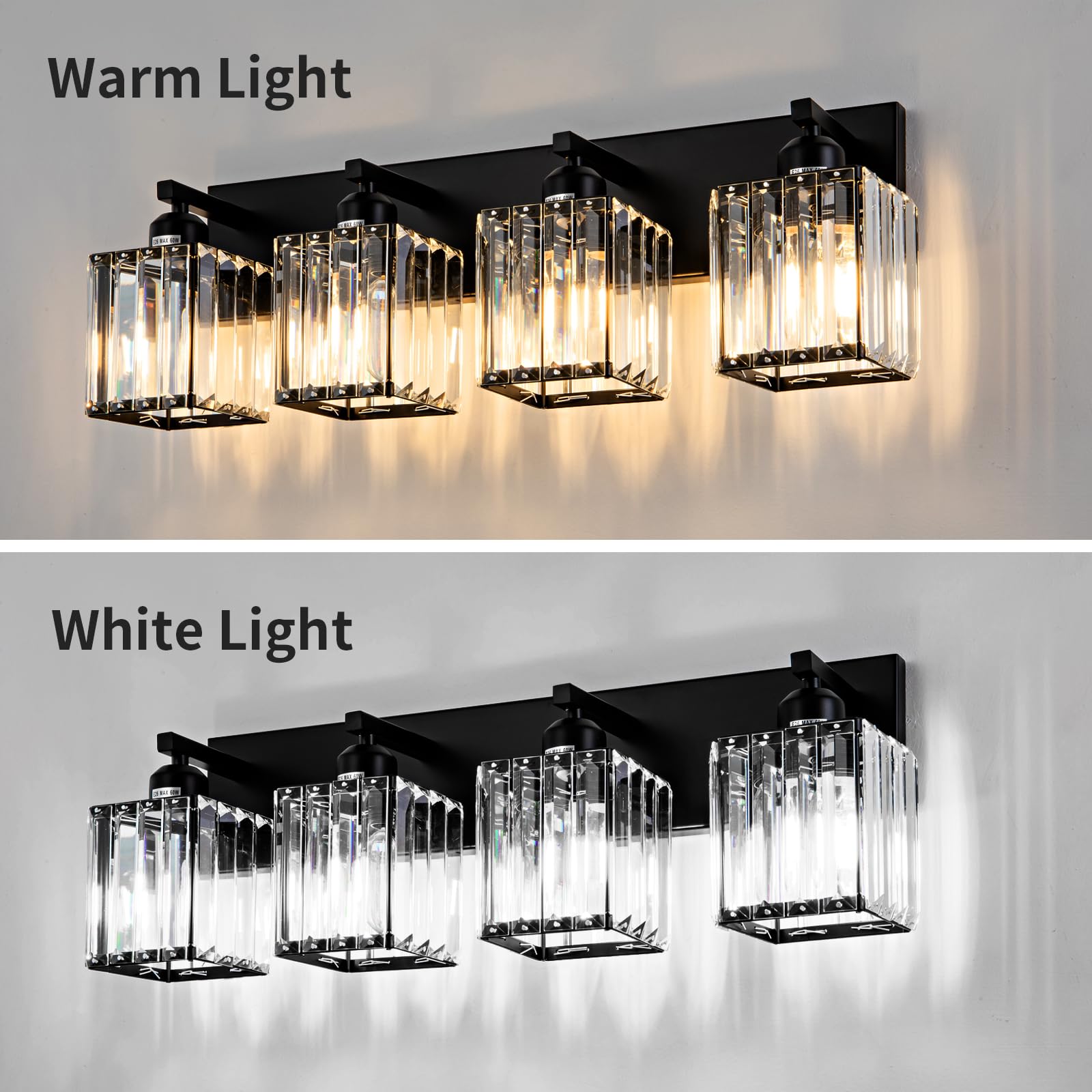 Aixialin 4-Light Modern Crystal Bathroom Vanity Light Black Metal Wall Fixture Model 600-100-1013