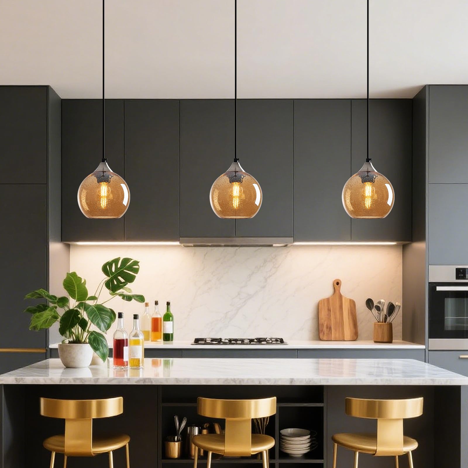 Lbsqj Amber Glass Pendant Lights Kitchen Island Globe Pendant Light Fixtures Modern Pendant Lighting For Bedroom Living Dining Room Light Fixture (5.9 In  3 Pack)