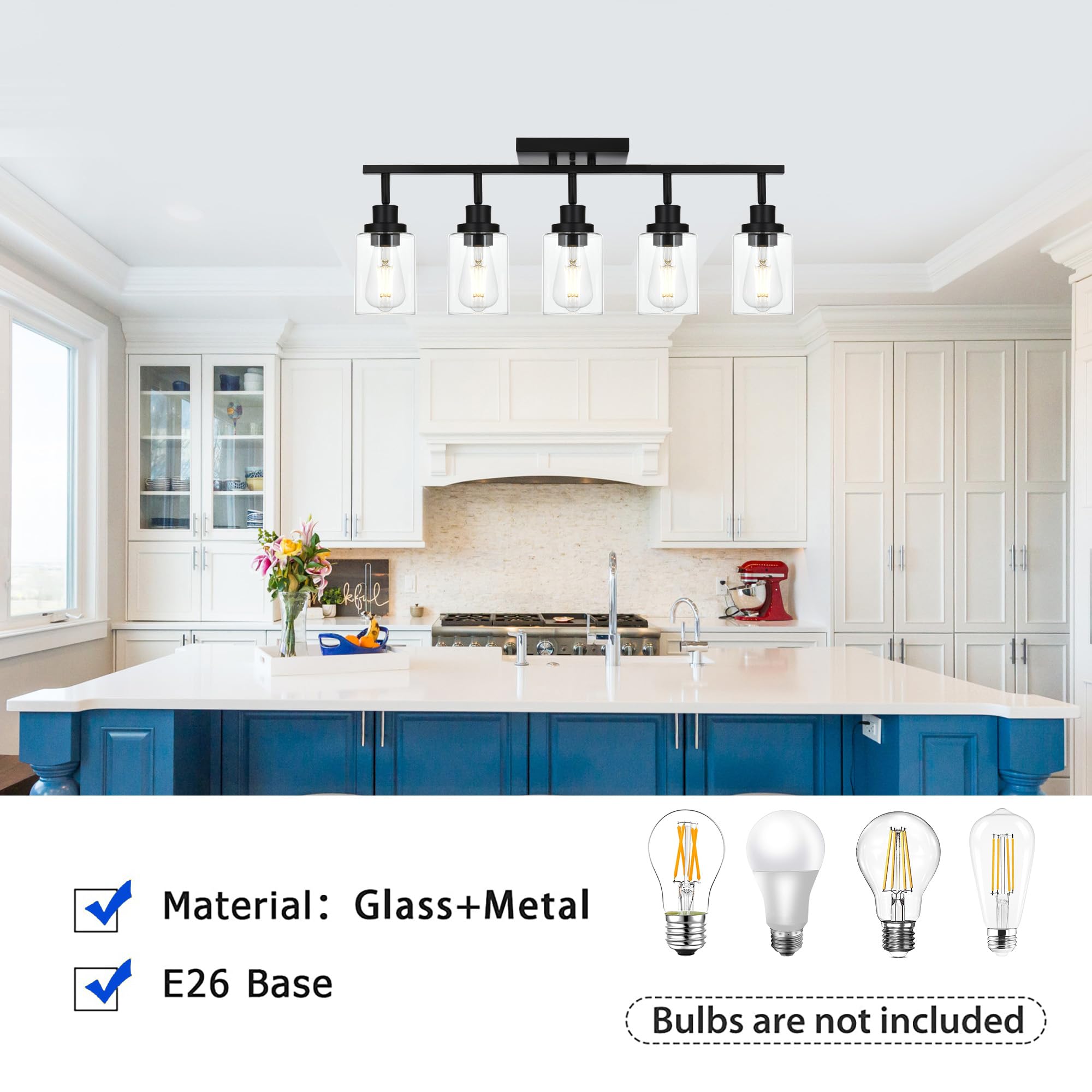 Wanluce 5-Light Track Lighting Kit Black Track Lighting Fixtures Bathroom Wall Sconces Ceiling Mount Kitchen Tracking Lights  Rotatable Spotlight With Clear Glass Shade For Kitchen Shop Hallway