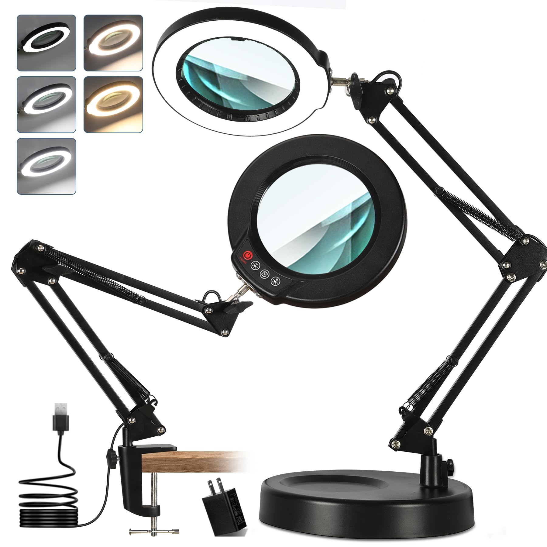 MagnieOpti 10X Magnifying Glass with Light and Stand, Real Glass Lens Magnifying Desk Lamp, Lighted Magnifier with Light Steples