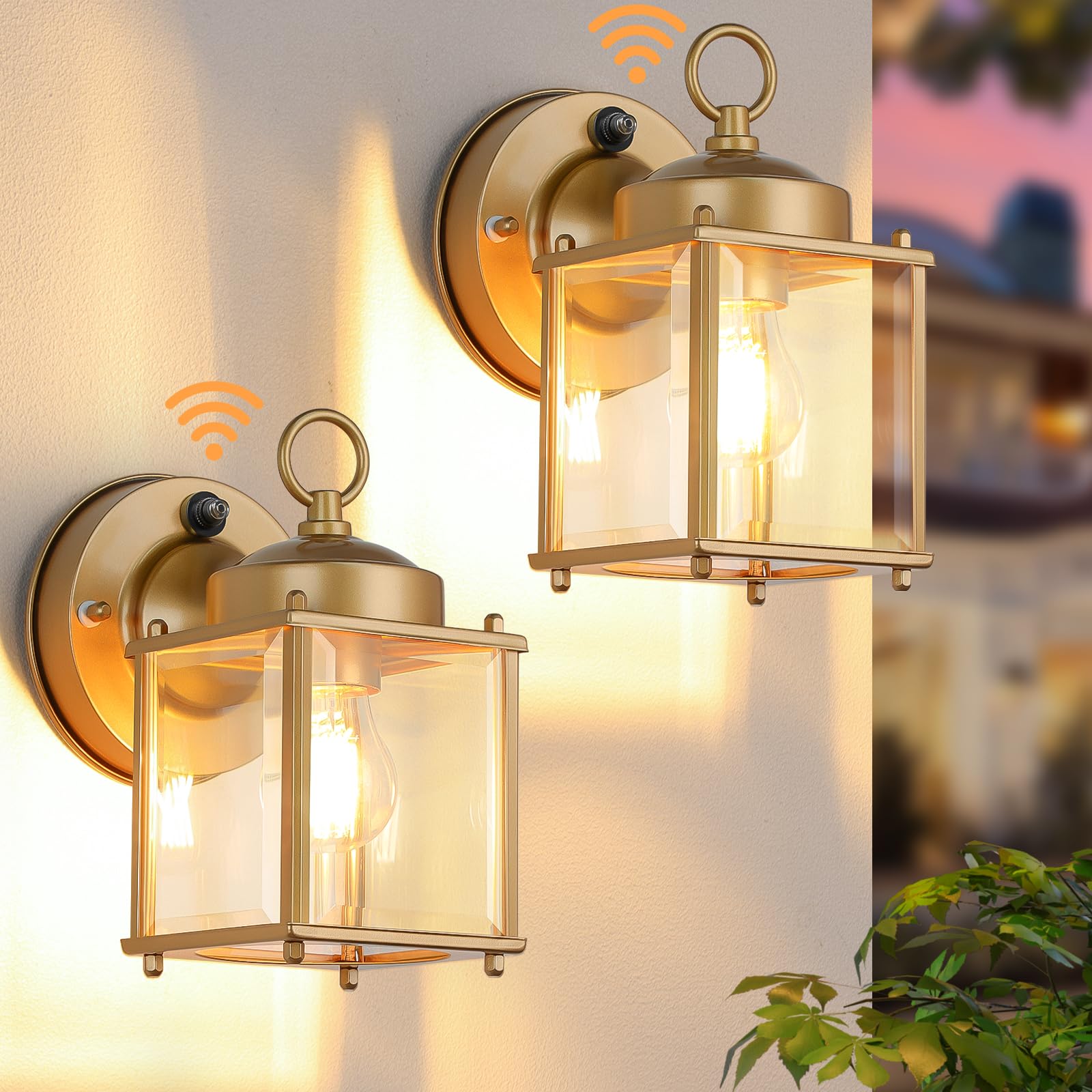 MATAMEYE Dusk to Dawn Sensor Outdoor Wall Sconce, Exterior Waterproof Porch Wall Mount Lanterns, Gold Front Door Lights with Bev