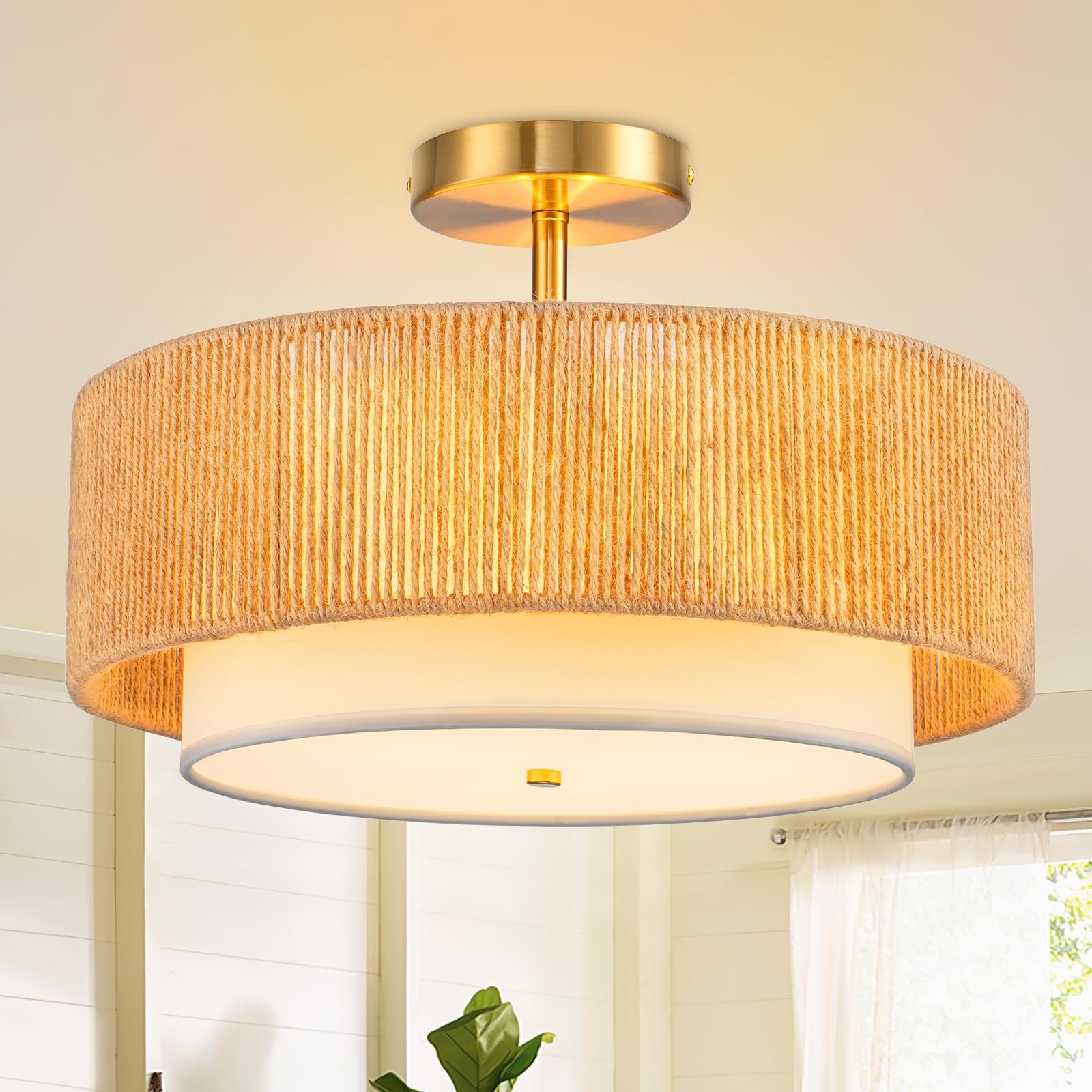 SineRise Rattan Flush Mount Ceiling Light Fixture, 16in  Large, Gold, Boho Design, 2-Tier Drum for Living Room, Kitchen, Bedroom