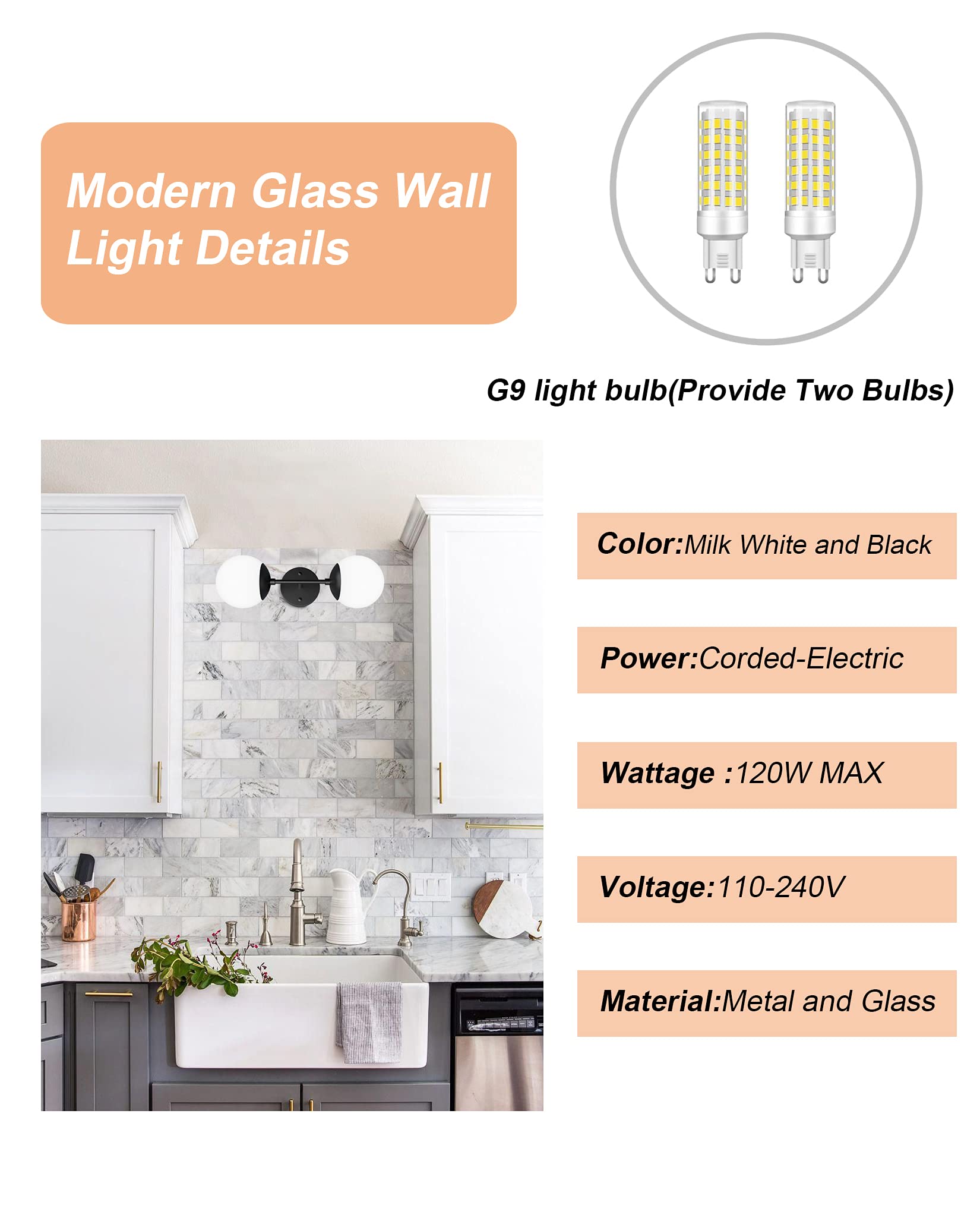 Tipace Black Wall Sconce Light, Modern Globe Design, 2 Lights, 6000K Bulbs Included, Ideal for Living Room, Restaurant, Bathroom
