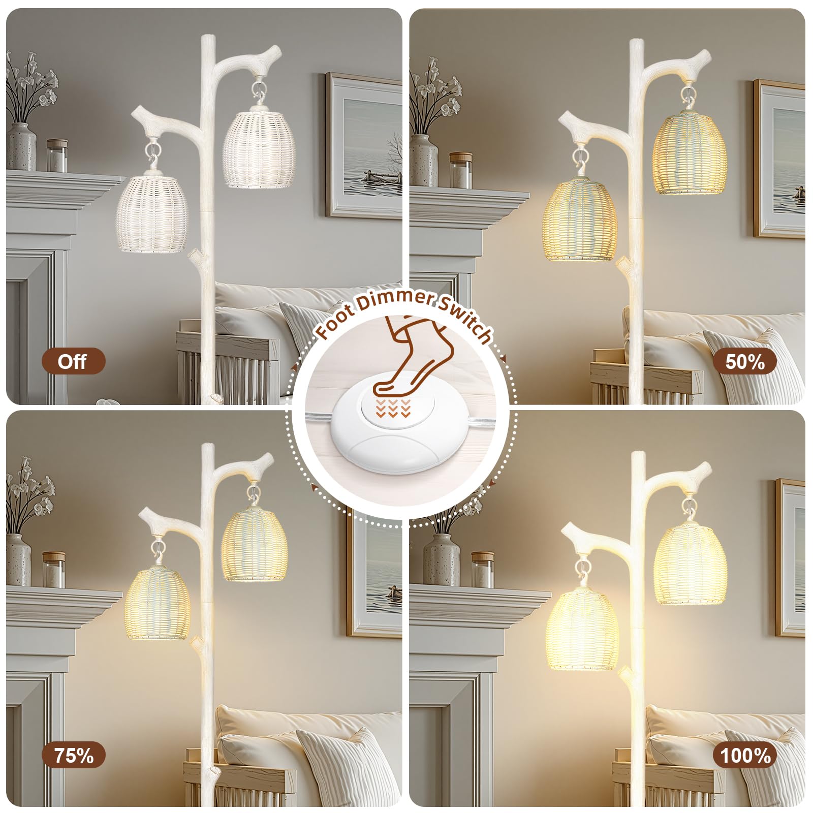 Scenekoy Rustic 68    Tall Floor Lamp With Rattan Shade, Retro Standing Lamp Tree Trunk Washed White Finish & Resin Body, Dimmab