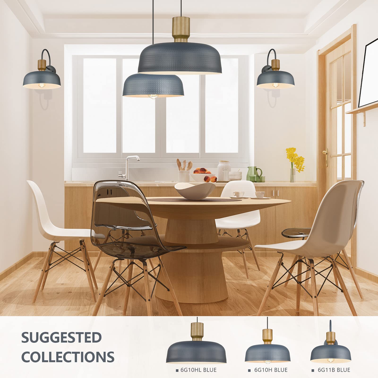 Darkaway Industrial Pendant Light Fixtures, Large 2 Pack, Hammered Metal Shade, Blue, 18.1" Adjustable Height for Kitchen Island