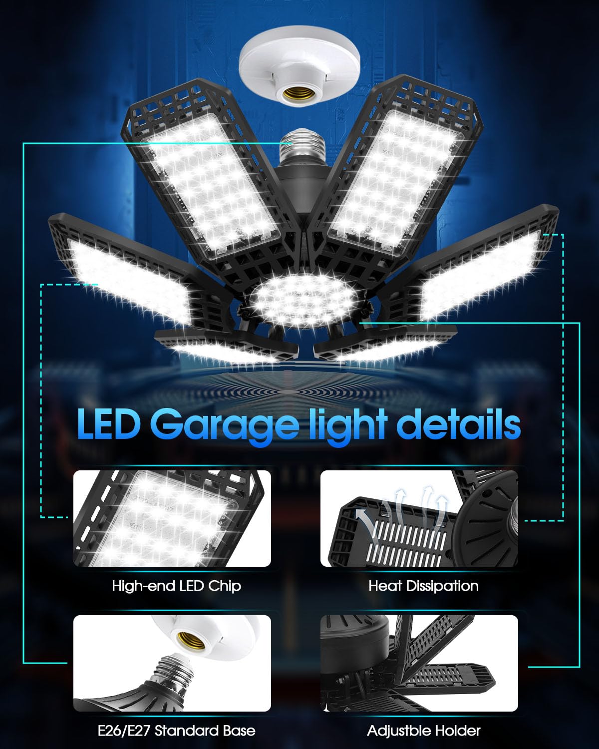 AUDLES 8 Pack LED Garage Light, 200W 20000LM, 6500K, Deformable Panels, E26/E27 Socket, Black