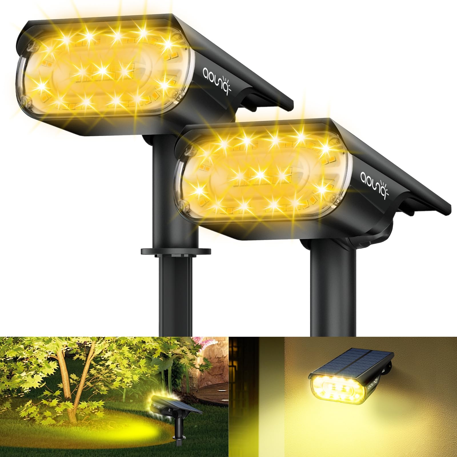 AOUNQ 2 Pack Solar Spot Lights Outdoor 1000 Lumens, 64 LEDs IP67 Waterproof Landscape Lighting with 4 Modes - 2-in-1 Solar Spotl