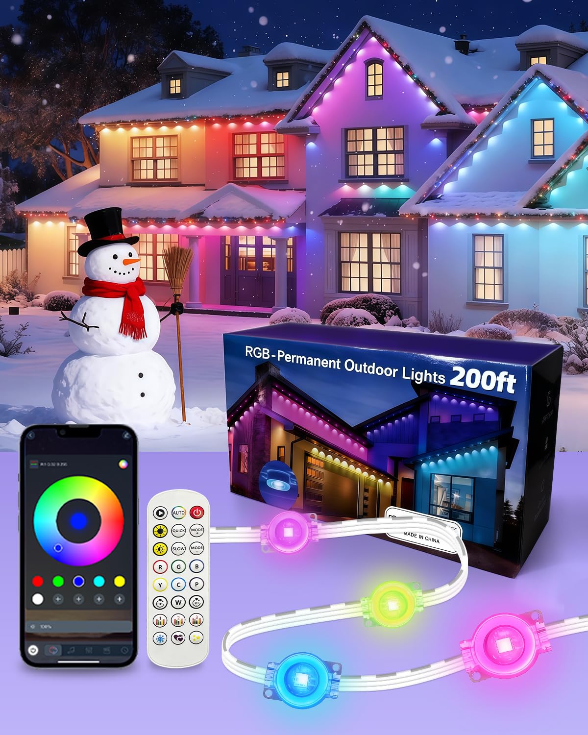 oneup 200FT Permanent Outdoor Lights for House  RGB+IC Smart LED Eave Light IP67 Waterproof  DIY Scene Modes  App Voice Control  DIY Timer  for Christmas Holiday Party Outside Decor
