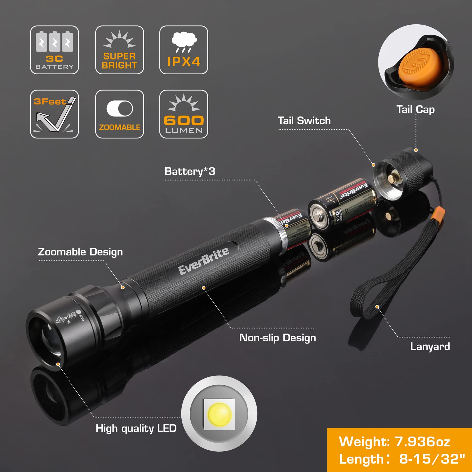 EverBrite Ultra Bright Tactical Flashlight - 600 Lumen, Zoomable, Adjustable Focus, Heavy-Duty Aluminum - Perfect for Camping & Emergency Use