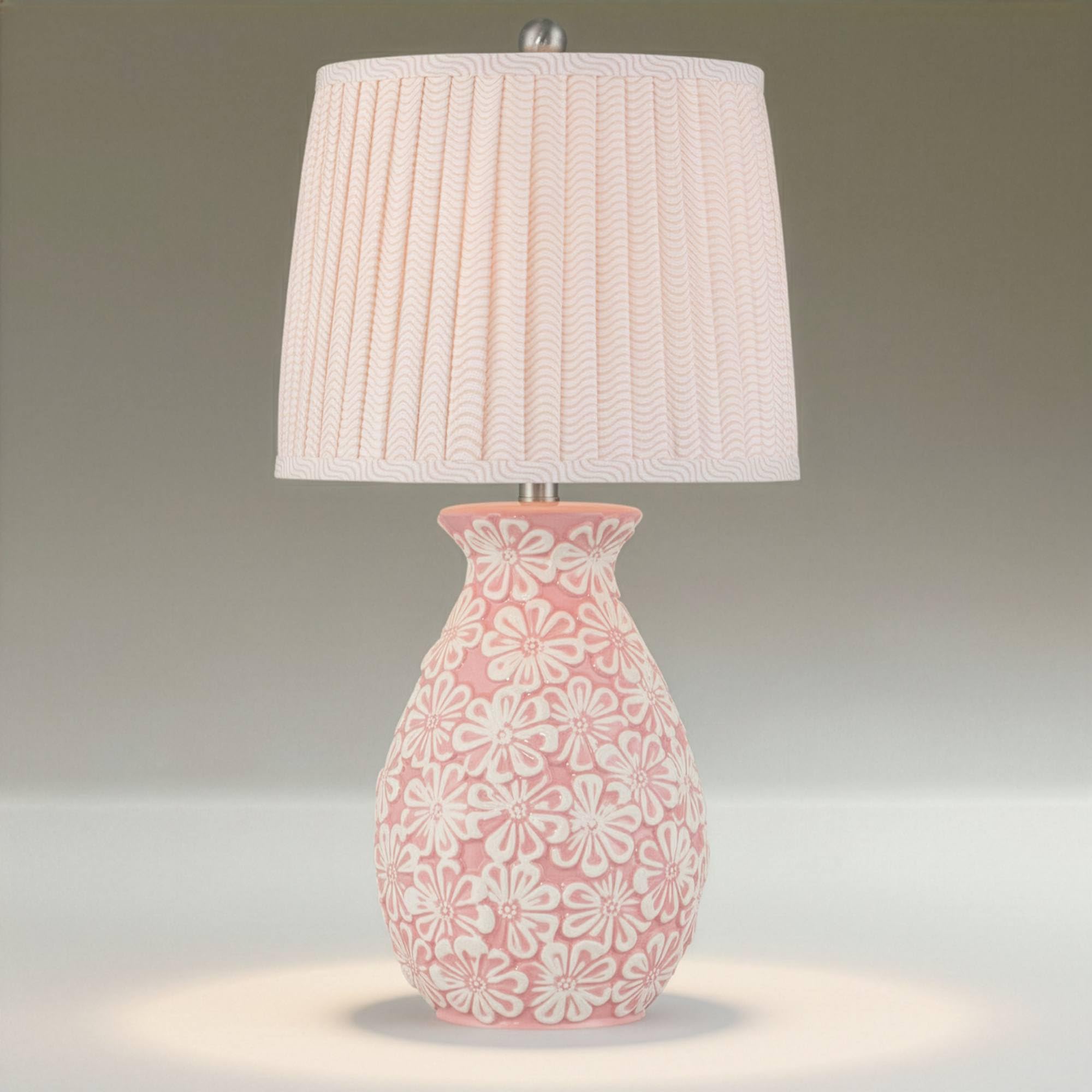 360 Lighting Buttercup 25 High Mid-Century Modern Country Cottage Ceramic 3-Way Table Lamp Pink and White Flowers Ceramic Fabric