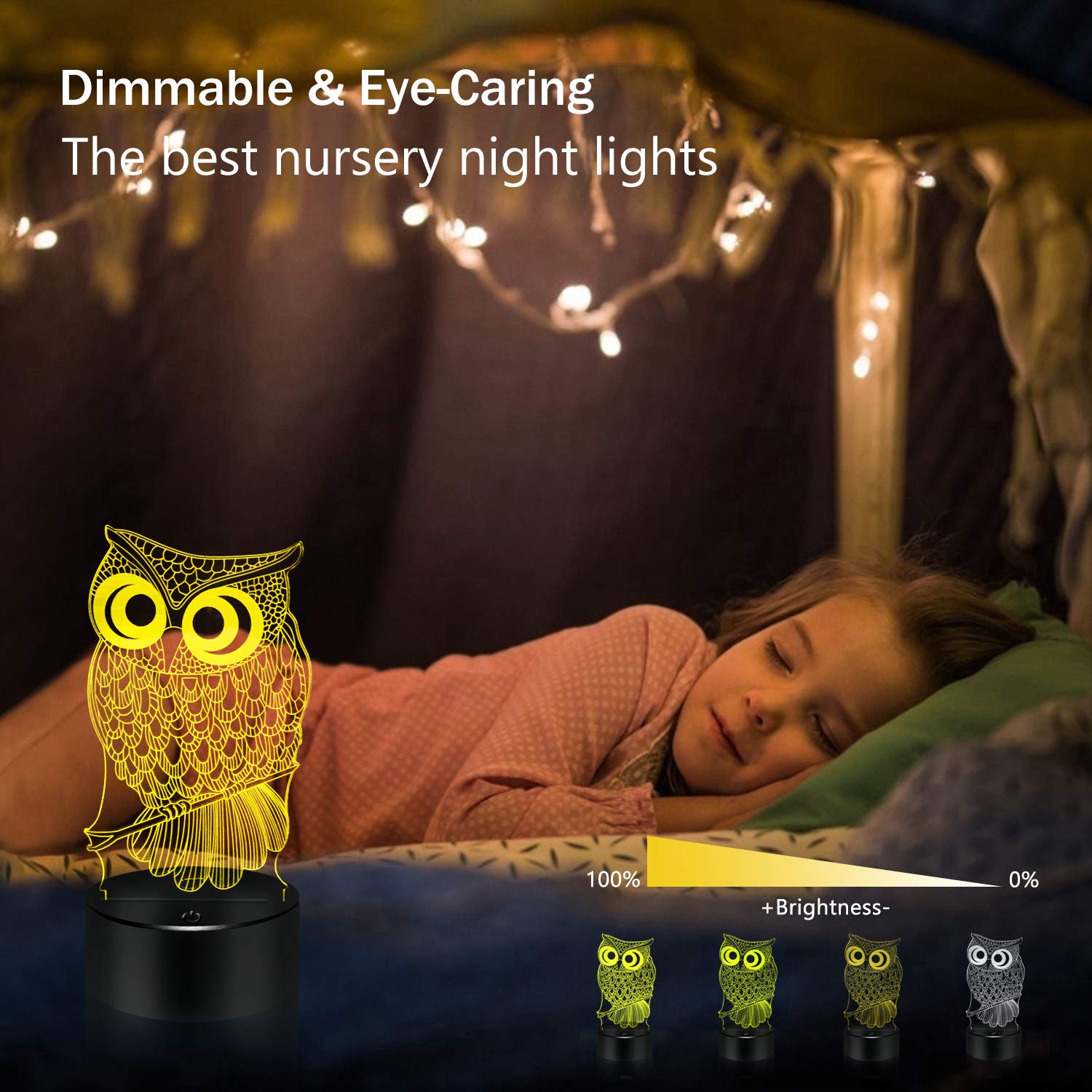 Bassi 3D Owl Lamp - Touch & Remote Control, 16 Color Night Light For Kids & Gifts