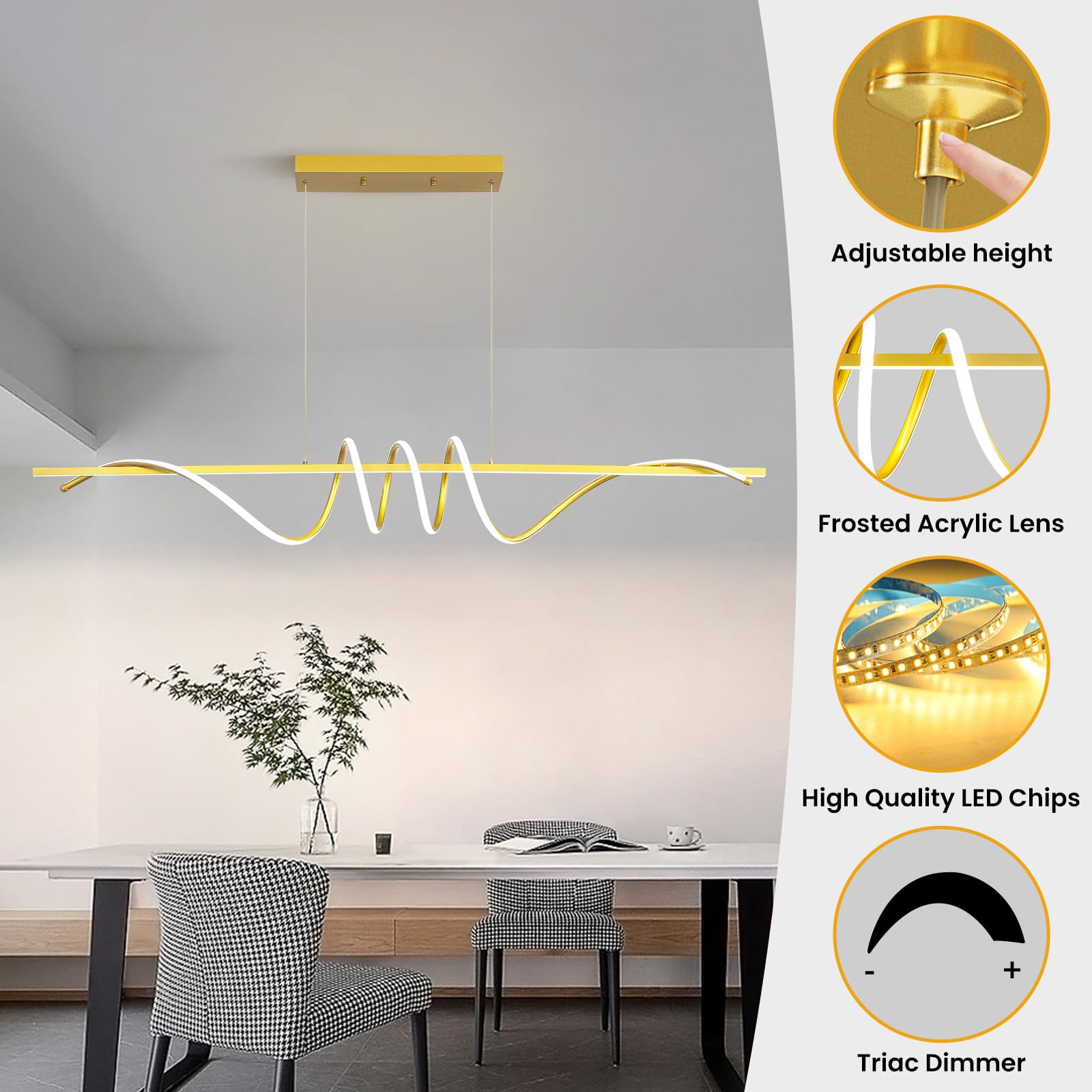 Matven Modern Dimmable Desk Linear Pendant Light, Remote Control, 3 Color Modes, 59IN, Gold