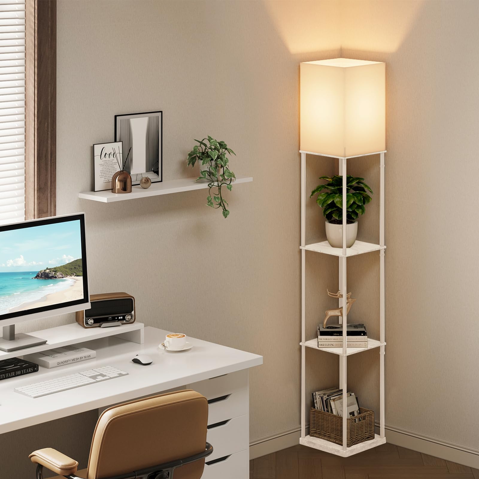 Gupuzm Floor Lamp with Shelves, Modern Wood Design, 3 Color Temperatures, Model PFL-007, White
