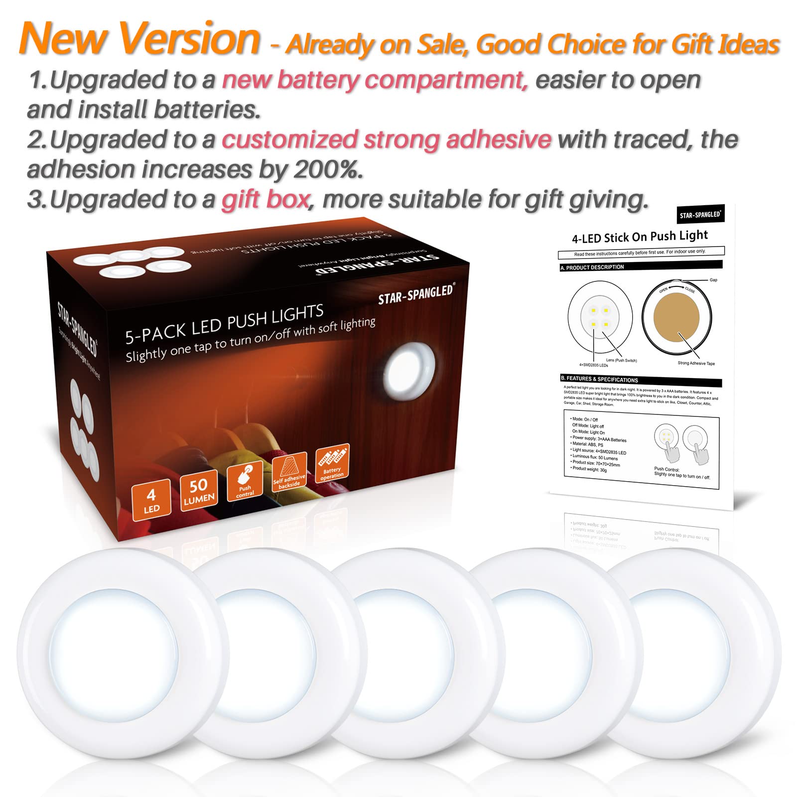 4 Led Push Tap Light - 7Cm Wireless Battery Operated Mini Night Light, White, Model Us-8016-Wh5, 5-Pack, Ideal For Cabinets And Closets