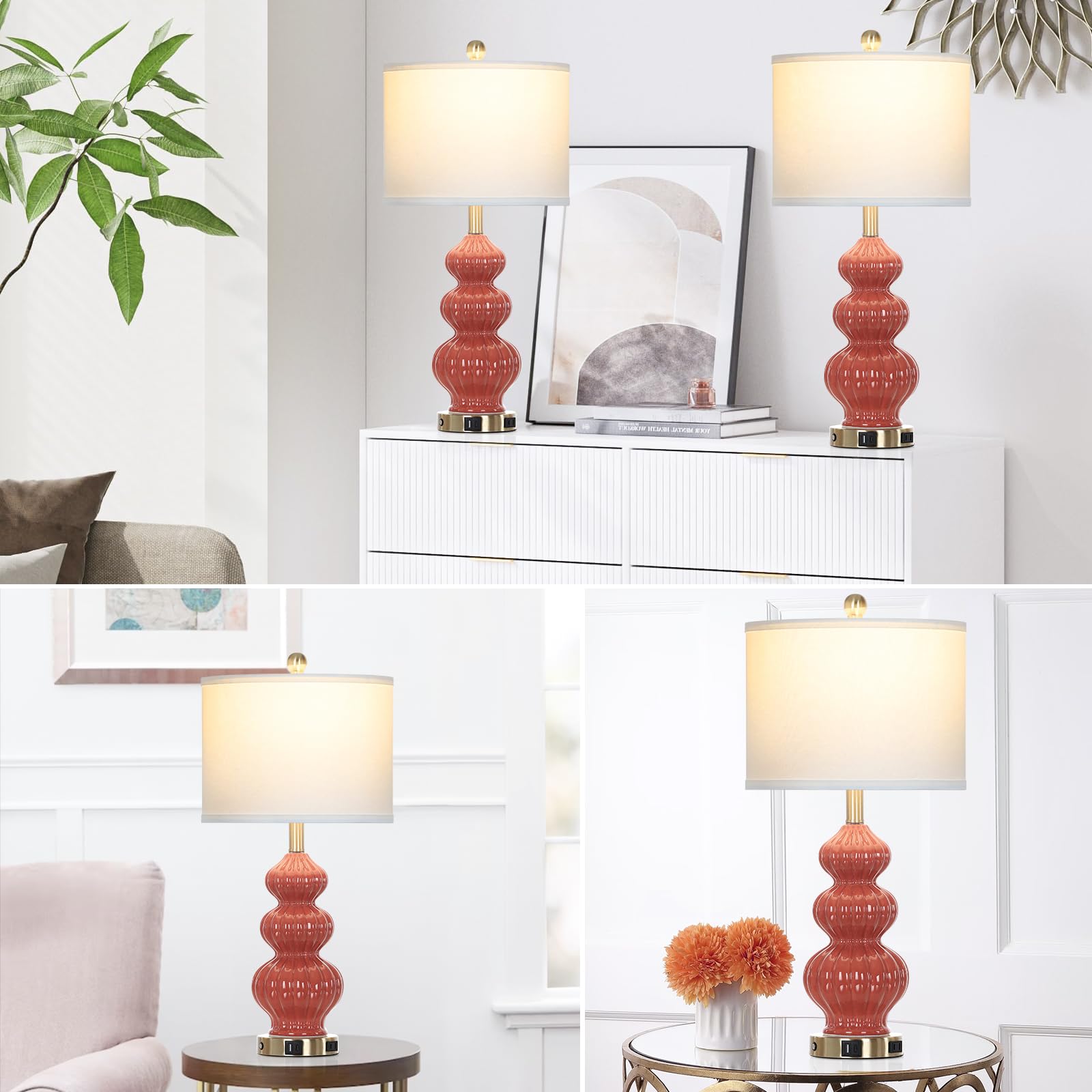Rinweey Triple Gourd Ceramic Table Lamps Set of 2, Modern Orange with USB Ports & AC Outlet, 3 Way Touch Control for Bedroom Living Room