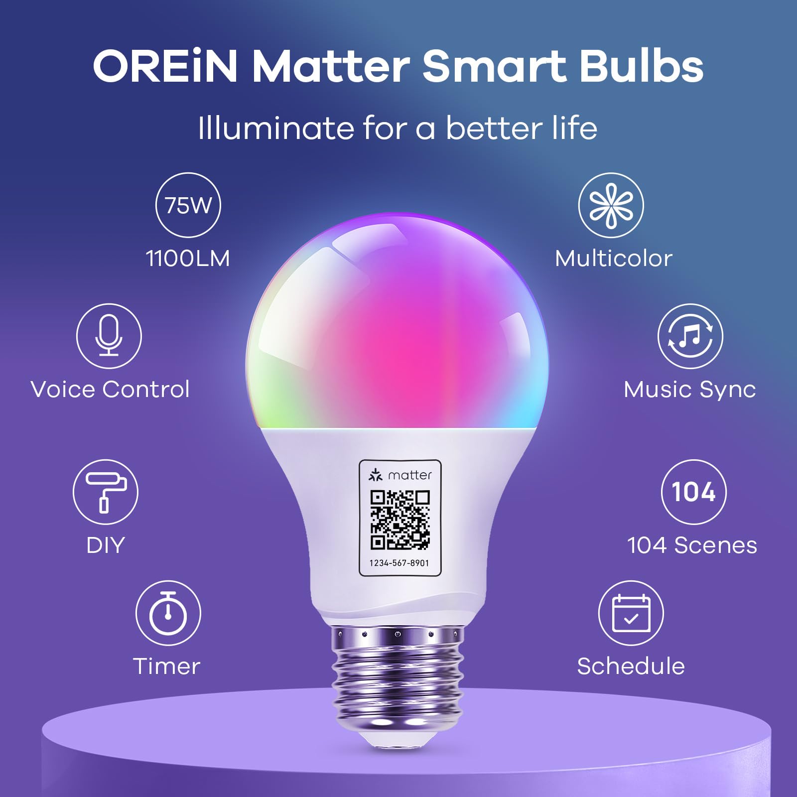 OREiN Smart Light Bulb, 1100 Lumens, A19 4-Pack, Multi-colored, WiFi Compatible with Apple Home, Alexa, Google Home