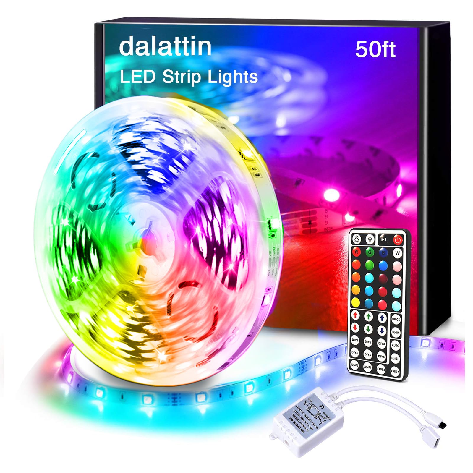 Dalattin Rgb Led Strip Lights 50Ft, 2 Rolls Of 25Ft, Color Changing With Remote, Flexible Plastic, Multicolor Indoor Decoration