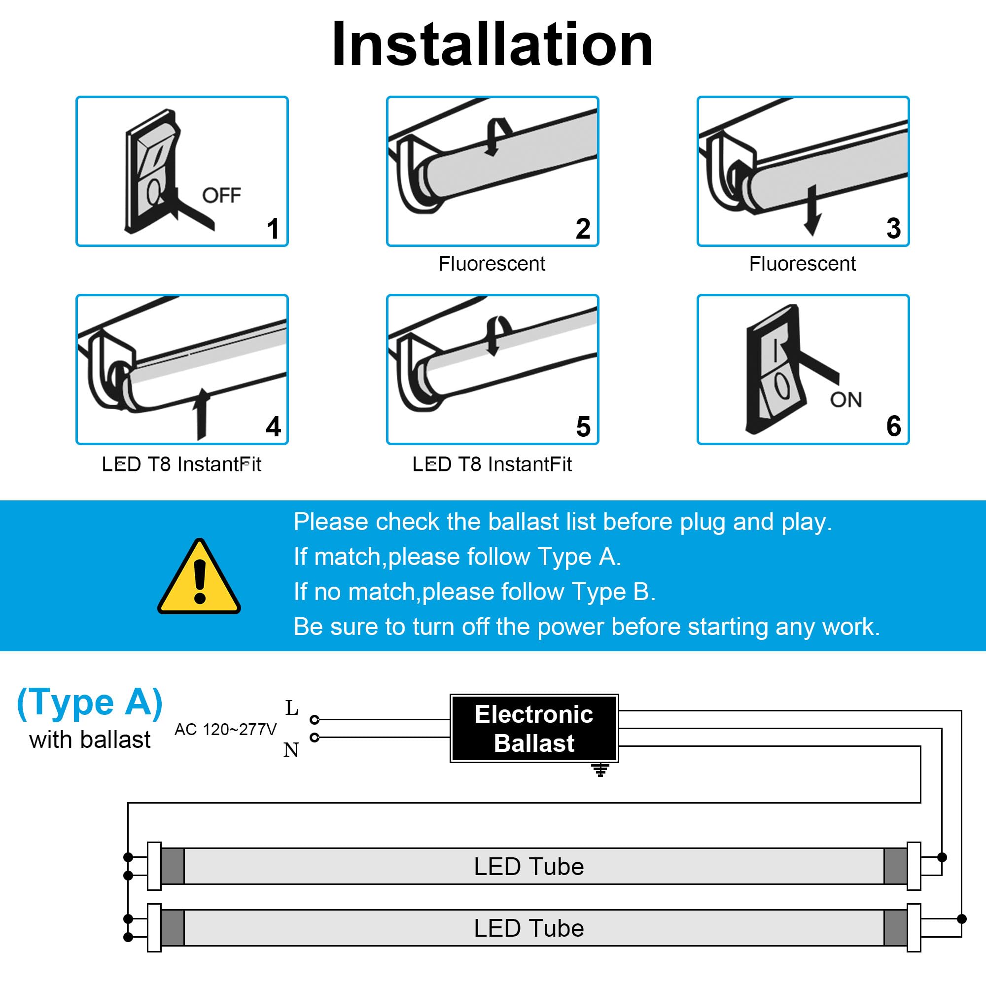 H&B Luxuries T8 LED Tube Light 4FT, 12W-22W, 5 Colors, Plug and Play, Aluminum, White, Model TABKT5DSW4PCS,