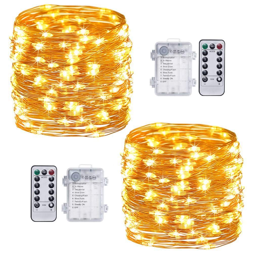 TingMiao Warm White Fairy Lights 100 LED String Lights with Remote, 2 Pack, 33ft, Waterproof, Model TM-SL100-WW