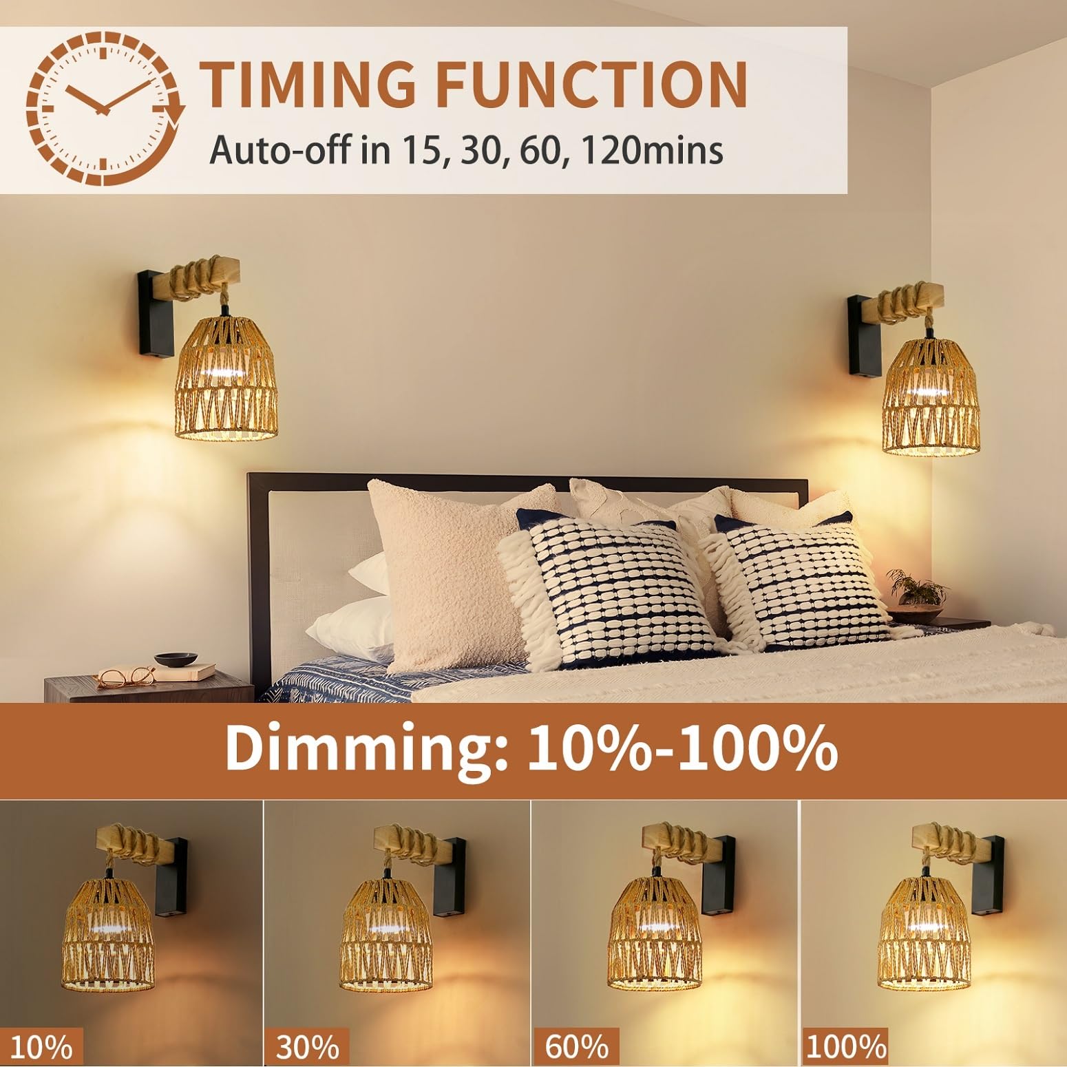 Espossi Battery Operated Wall Sconce Set of 2, Rattan Rechargeable, Wireless with Remote, Boho Design for Bedrooms & Living Room
