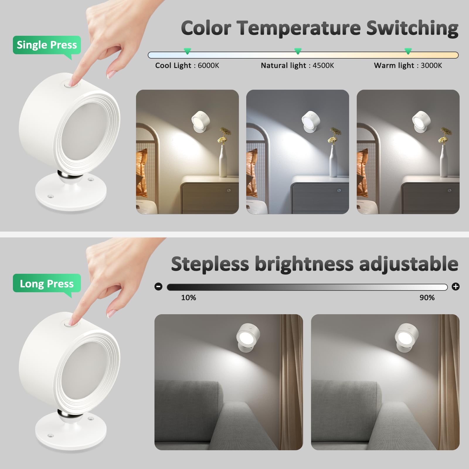 Led Wall Sconces 2 Pcs With Remote, Wall Mounted Lights Rechargeable Battery Operated, 3 Color Temperatures & Dimmable Wall Lamp
