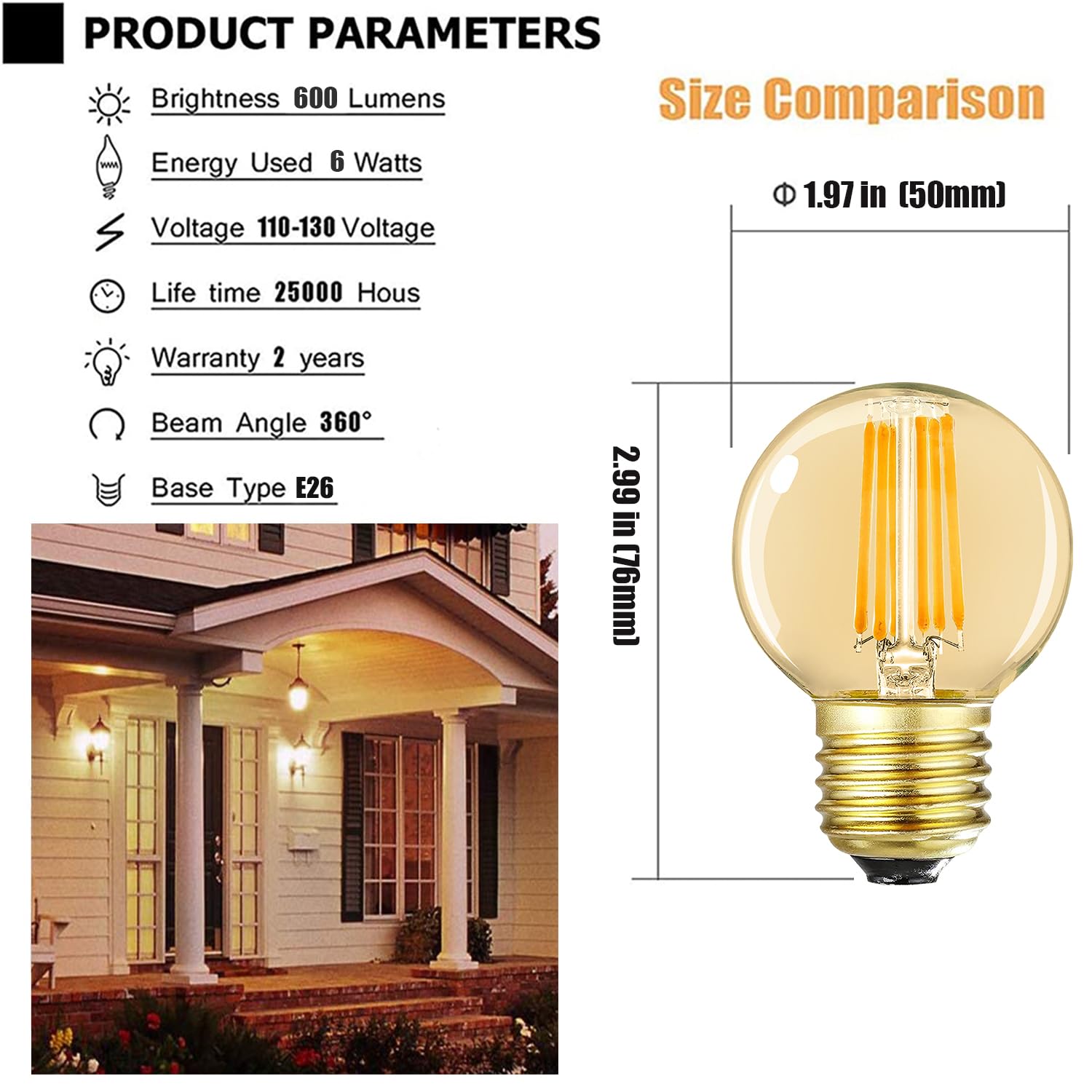 Leools Dimmable G16.5 Led Bulbs,E26 Edison Led Light Bulbs,6W Equal 60 Watt Light Bulb,600Lm,Amber Warm White 2700K,Globe Light