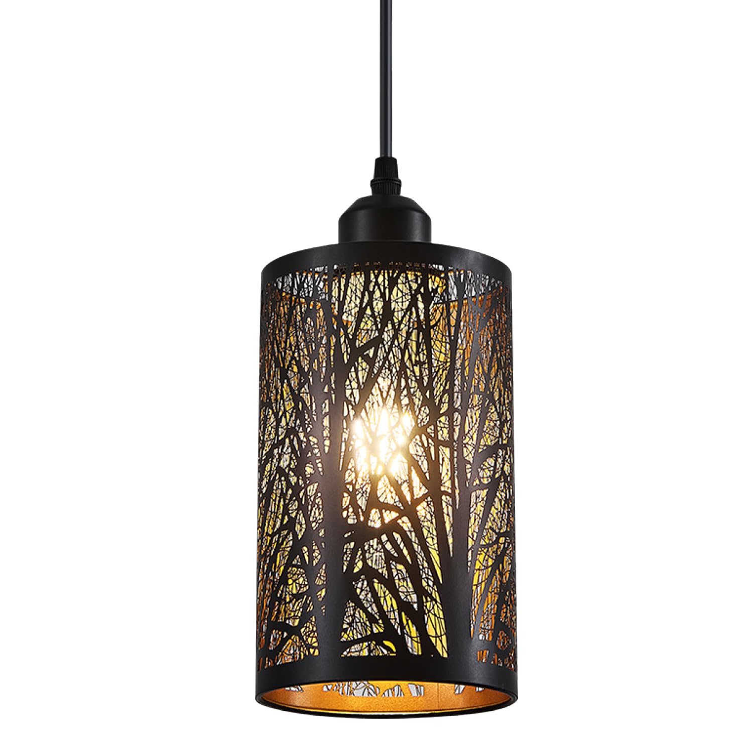 Shining Gold Industrial Black Pendant Light Fixture, Metal, Hollow-Carved Cylinder, Black and Gold, Vintage Style for Kitchen Island, Dining Room, Bedroom