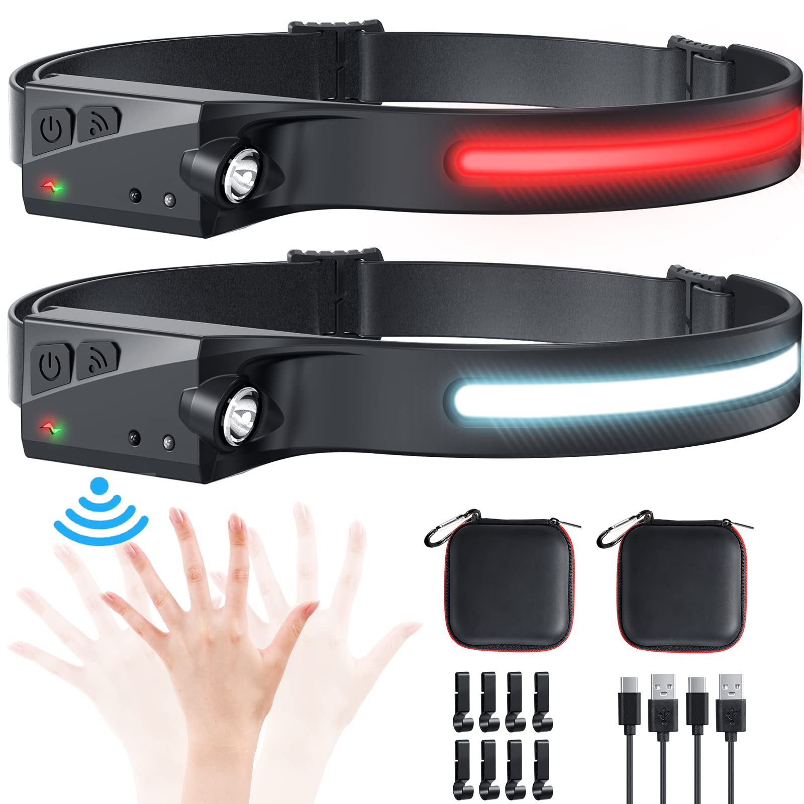 Xflyee 2PCS LED Headlamp Rechargeable, 230° Wide Beam, Red Light, Motion Sensor, Deep Black, Model LX201