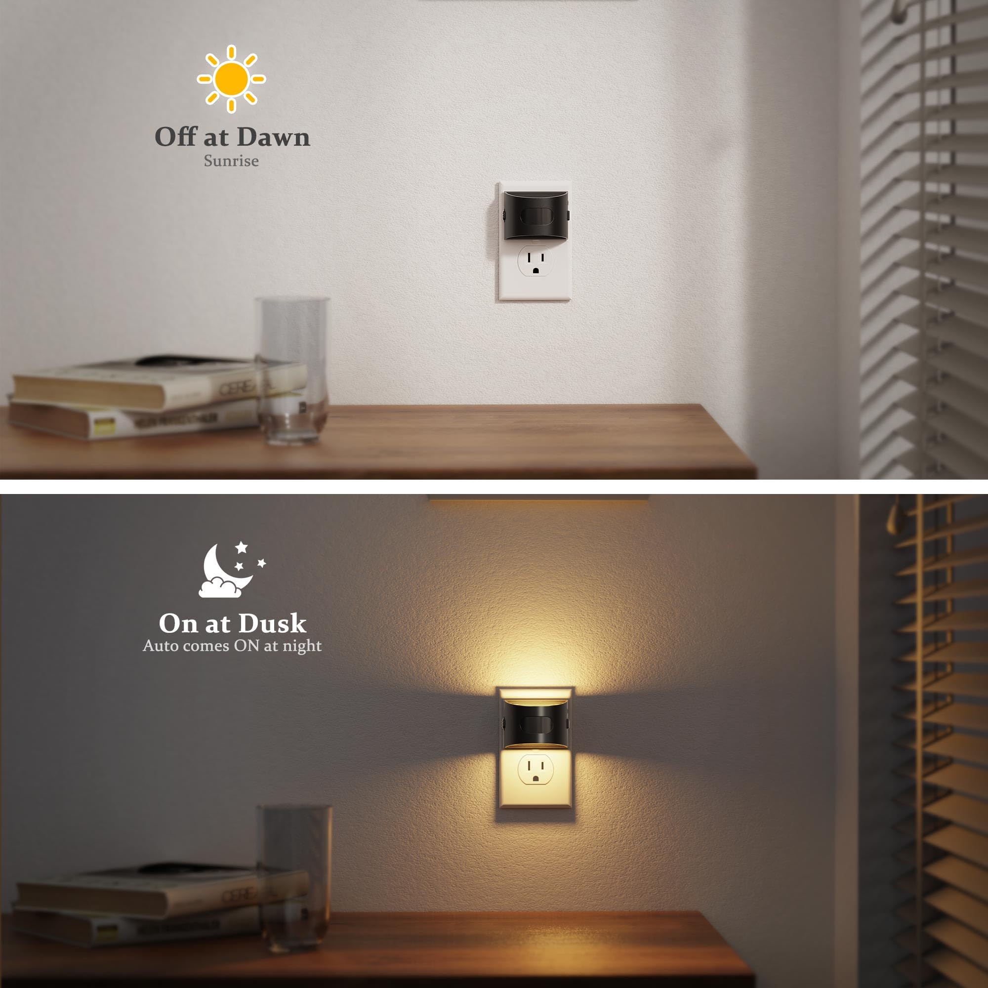 JandCase Motion Sensor Night Light, Dusk to Dawn, 30/60/100lm, Warm White, 2 Pack, Black-Arc, Model C-GY17702US-2