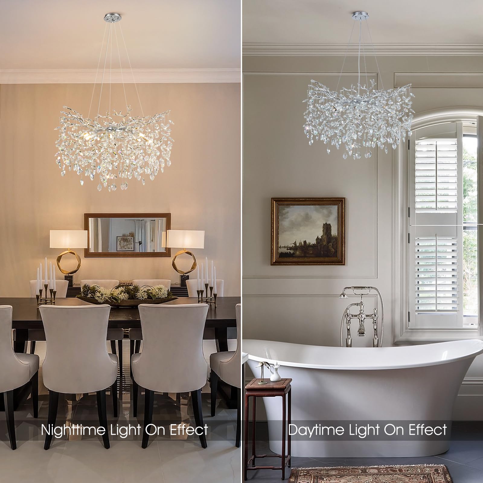 kvtinmty Modern Round Crystal Chandelier 30" Silver Tree Branches for Dining Room, Living Room, Foyer, Kitchen Island