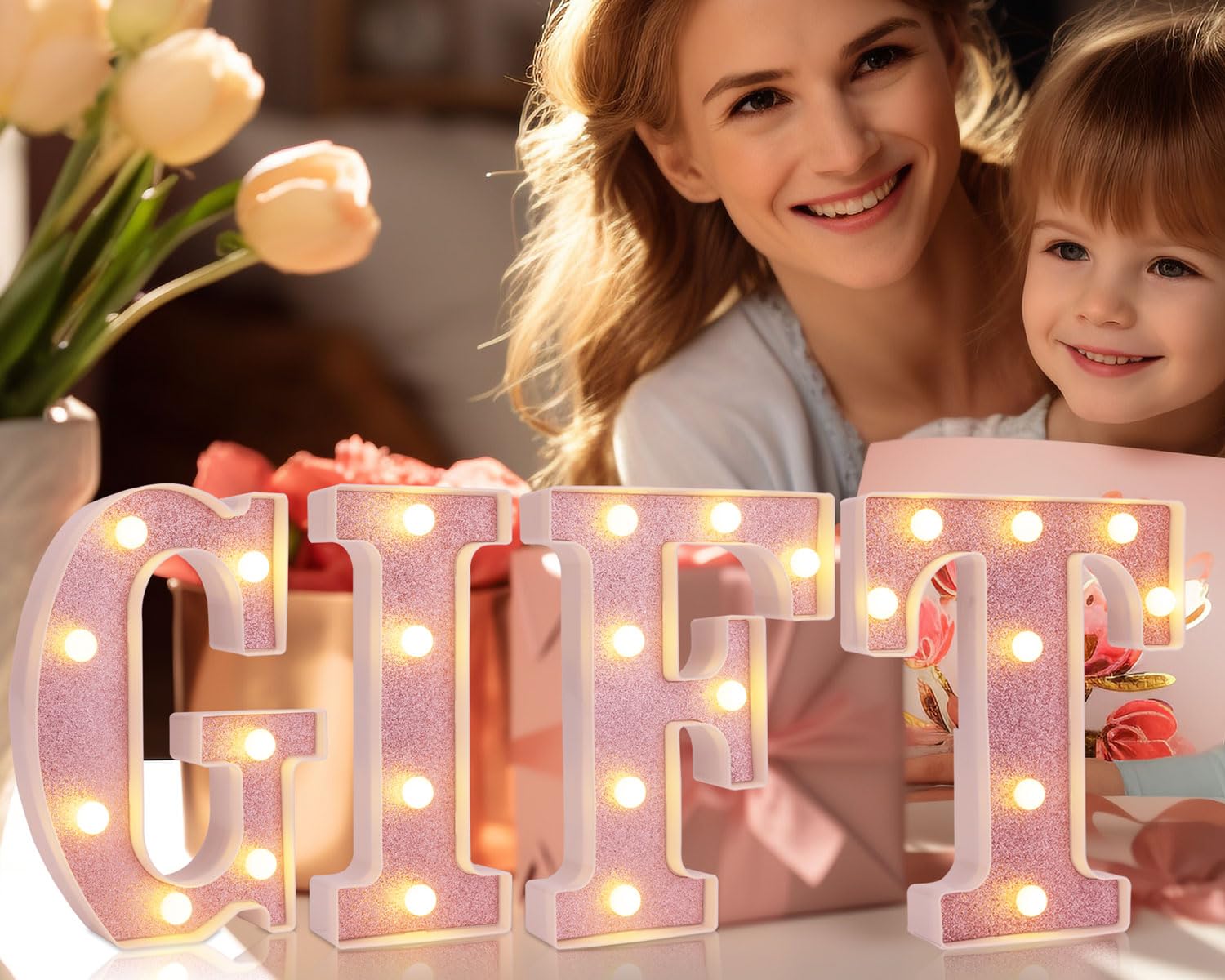 DyingSwan Small LED Marquee Letter I, Light Up Sign, 8.58in Pink Glitter, Battery Powered, Table Decor