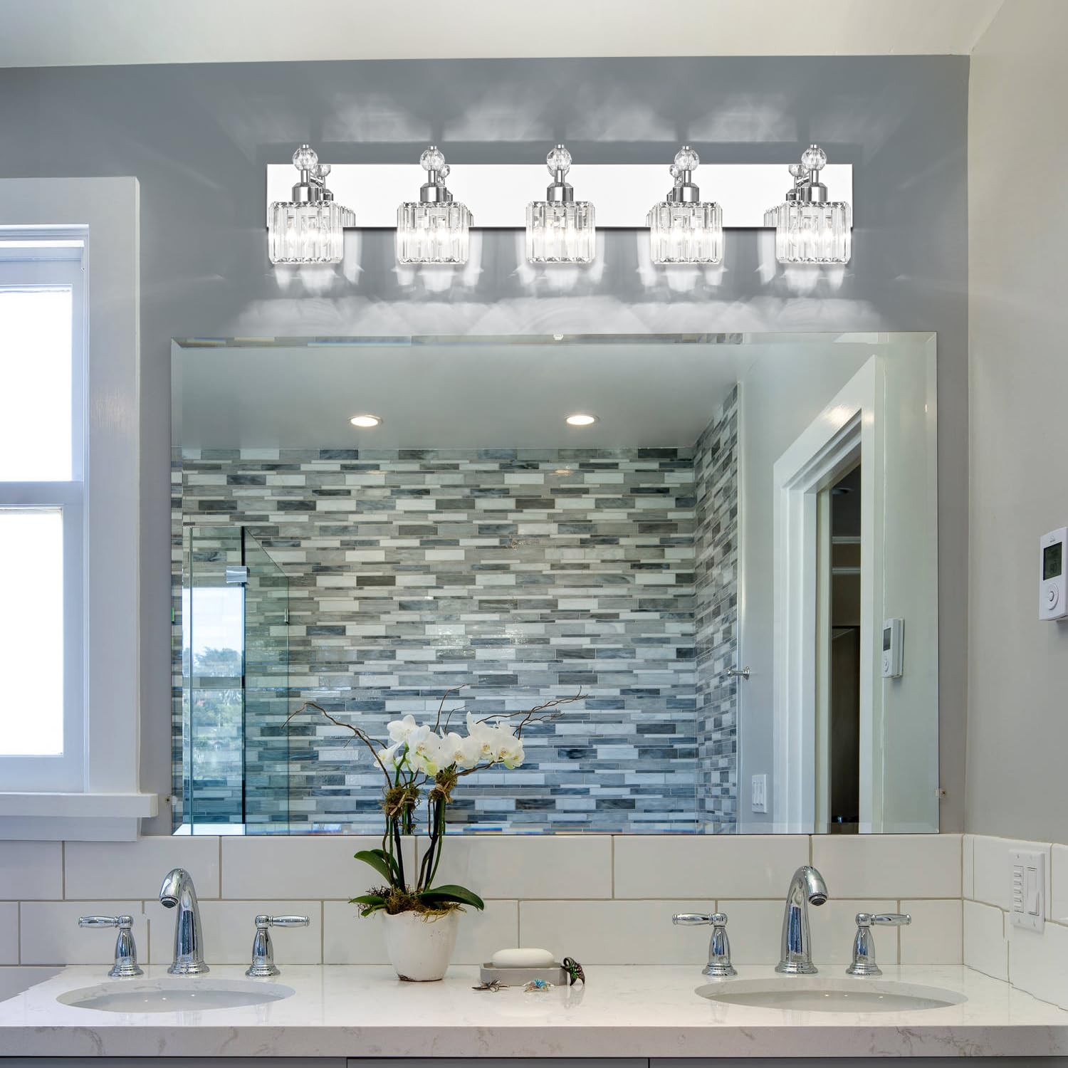 PRESDE 5-Light Vanity Light Fixtures, Modern Crystal Chrome, Stainless Steel, Model PRESDE-ModernK9
