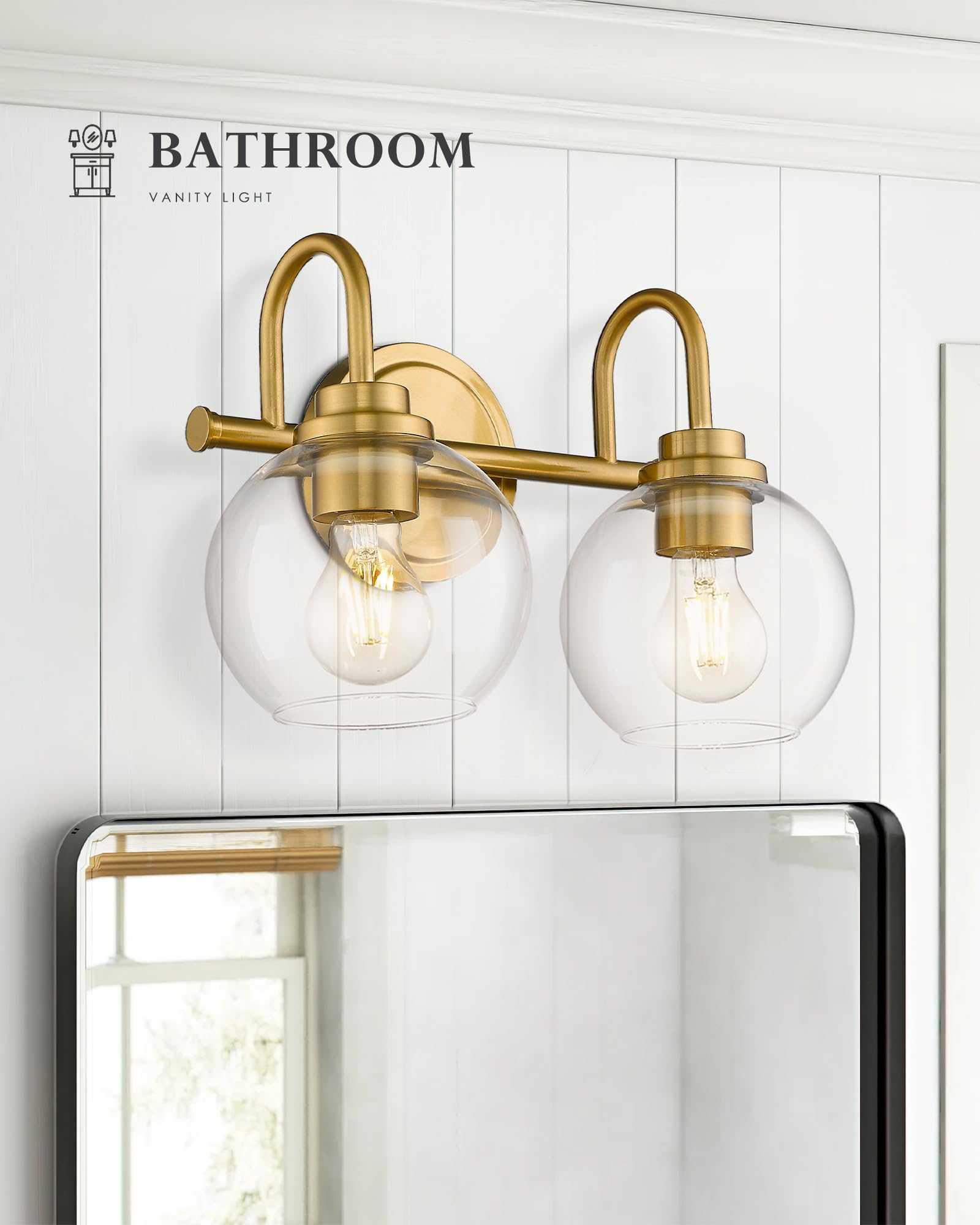 Audickic 2-Light Brushed Gold Light Fixture, Champagne Bronze Vanity Light with Clear Glass Shade, Brass Bathroom Light Over Mir