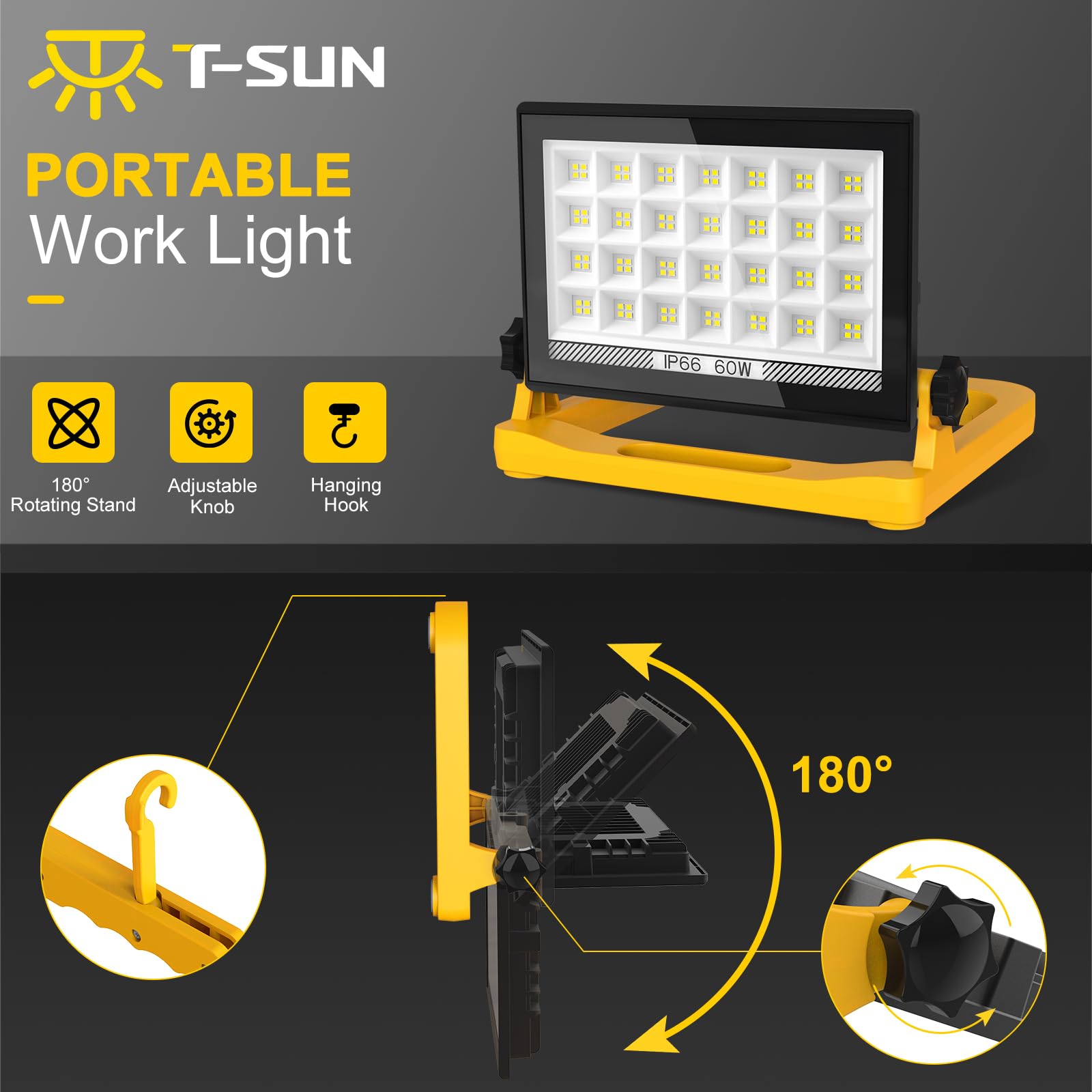 T-Sun Led Work Light With Stand  60W 6000K Led Flood Light Outdoor With 13Ft Cord  3 Adjustable Lighting Magnetic Base/Hook Design  Portable Work Lights For Job Site  Construction  Workshop  Garage
