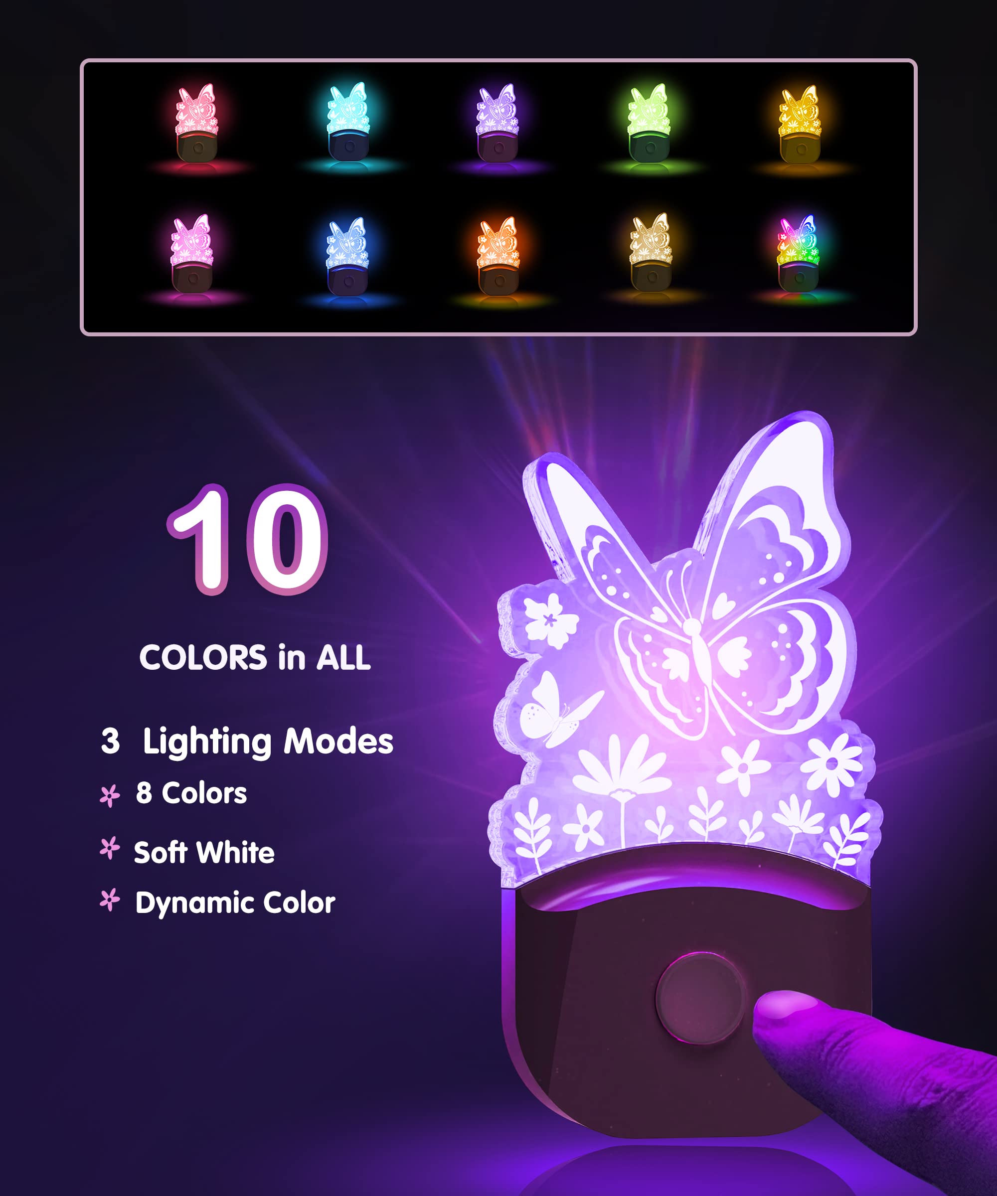 Lohas Dinosaur Night Light Plug-In, 2 Pack Kids Night Light With Dusk To Dawn Sensor, 3 Lighting Modes, Color Changing Lamp, Nur