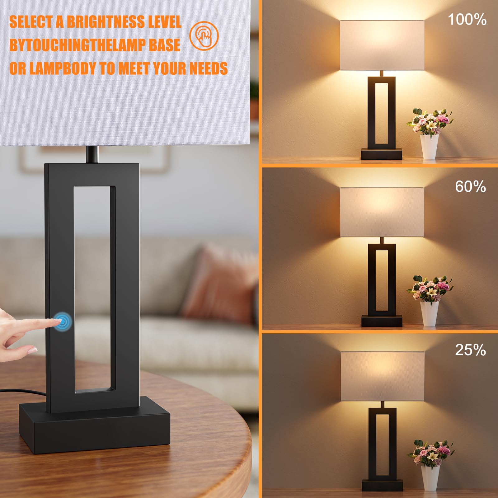 Seealle Nightstand Table Lamps Set of 2 - Touch Control, 3-Way Dimmable, USB C+A, Metal, Medium Size, White&Black